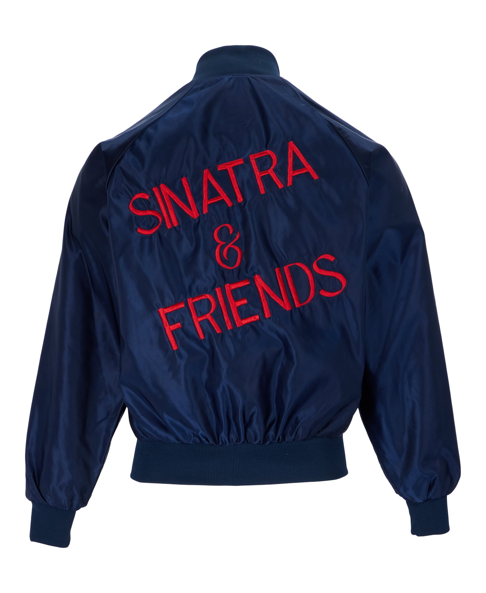 Frank Sinatra | 1977 Jacket from "Sinatra and Friends": ABC Television, 1977; a bomber-style made of navy blue satin, front with silver-tone stitching reading "WMAL" and "ABC," back with red stitching reading "Sinatra / & / Friends"; label reads in part
