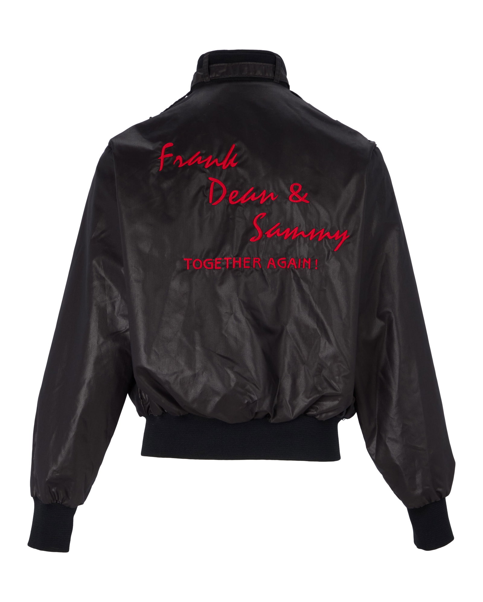 Frank Sinatra | 1988 Concert Jacket: A black nylon bomber-style; red stitching on front reads "Lori," and on back "Frank / Dean & / Sammy / Together Again!"; label reads "Four Seasons," men's size "Large"; from the tour now best