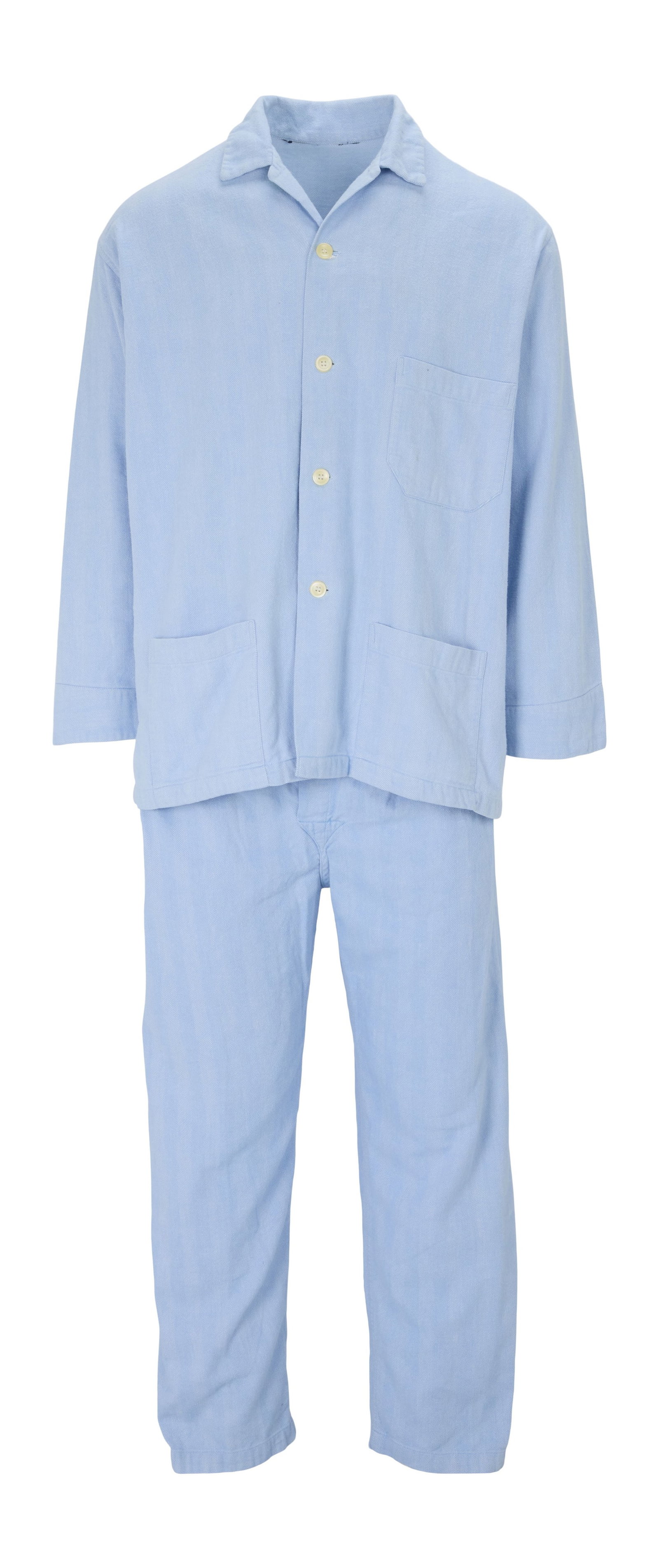 Frank Sinatra | 1990s Pajamas: A group of two pairs; both in the classic men's style; the first by Ralph Lauren Polo (though tags have been removed), cotton-blend, blue and black plaid, size "M"; the second light blue flannel with 