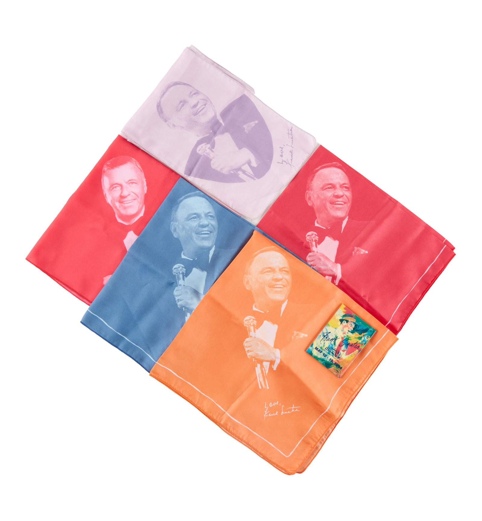 Frank Sinatra | 1980s Collectible Silk Scarves: A group five; all ones that were available for fans to buy at the singer's concerts; all featuring an image of the star above text reading "Love, / Frank Sinatra," two are red, one is blue, one is