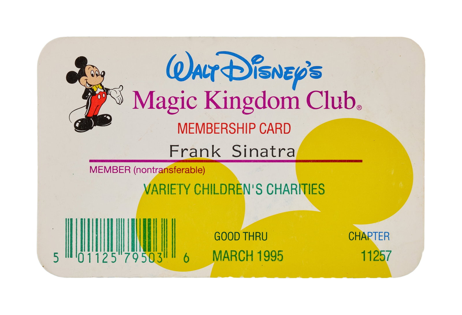 Frank Sinatra | 1995 Walt Disney's Magic Kingdom Club Membership Card: A standard design with an image of Mickey Mouse in the upper left corner; noting the singer's name and the date valid to "March 1995," not signed; consigned directly by Lori Thompson, Sinatra's