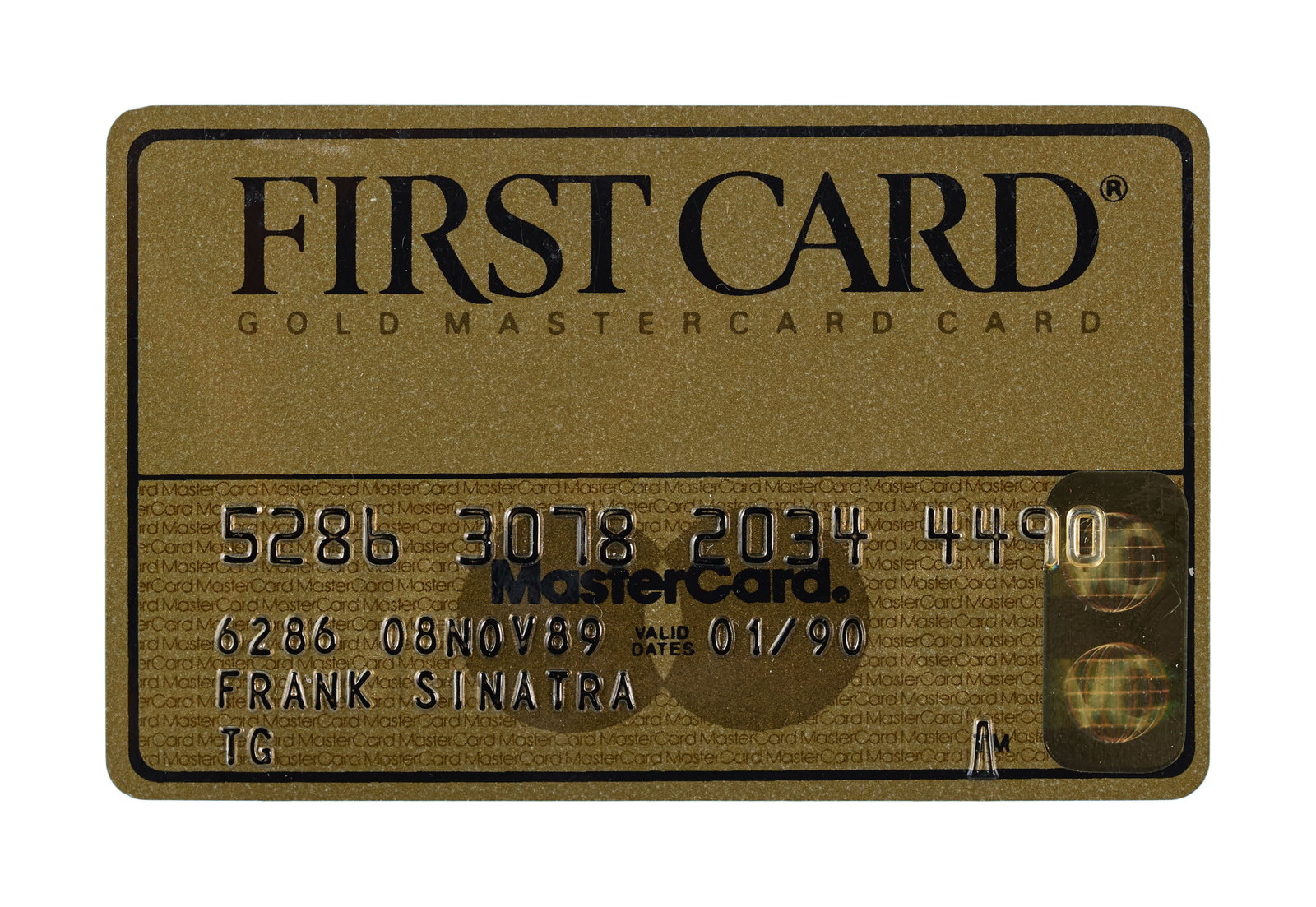 Frank Sinatra | 1989-1990 Mastercard Credit Card: A standard design; noting the star's name and the dates valid of "08 Nov 89 to 01/90; back is signed by Lori Thompson; consigned directly by Thompson, Sinatra's longtime secretary, who used this card