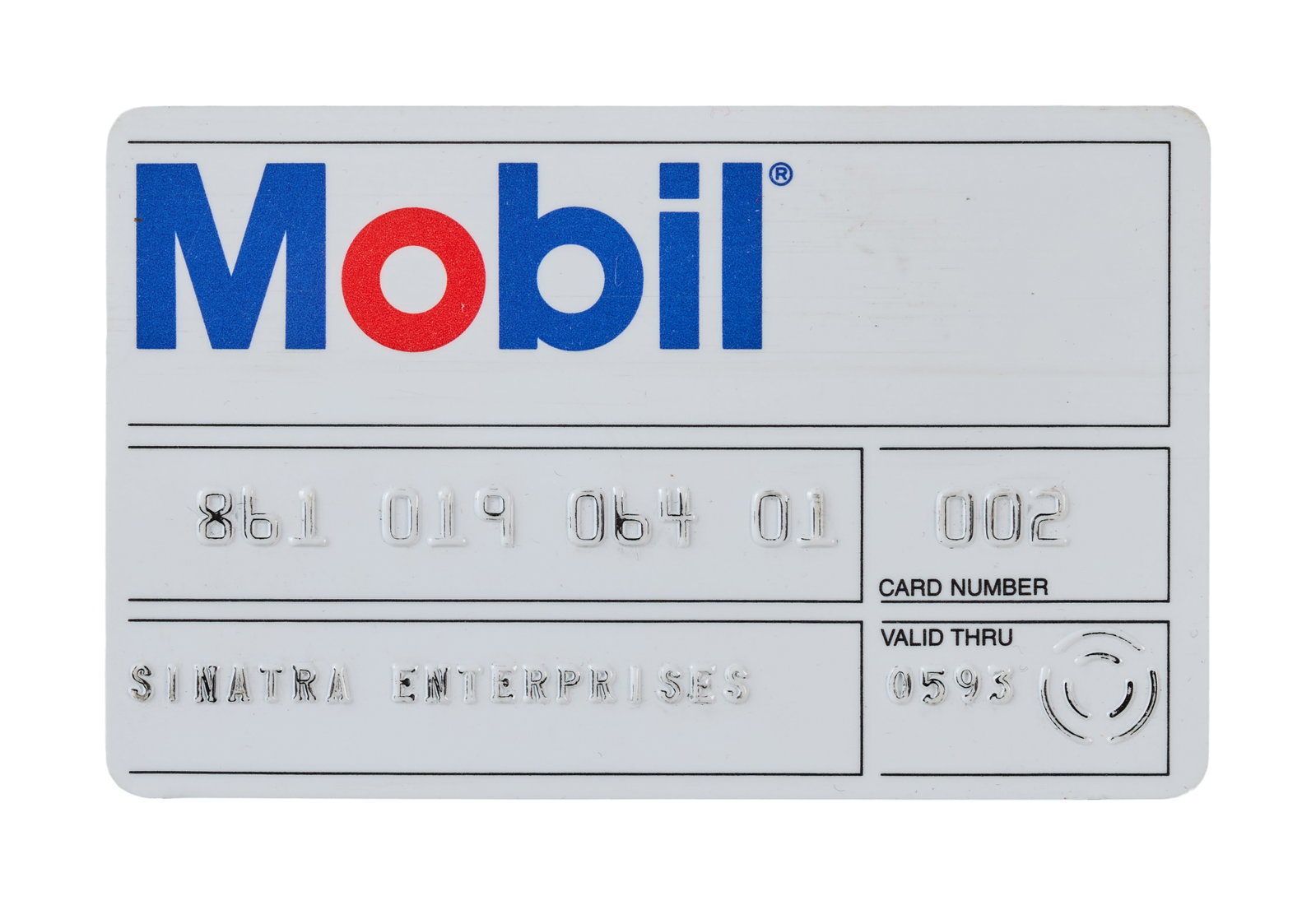 Frank Sinatra | 1993-1994 Gas Credit Cards: A group of two; the first from Shell, noting the star's name, how he was a "Cardholder Since 1961," and the "Valid Thru" date of "0294," unsigned; the second from Mobil, noting the star's business