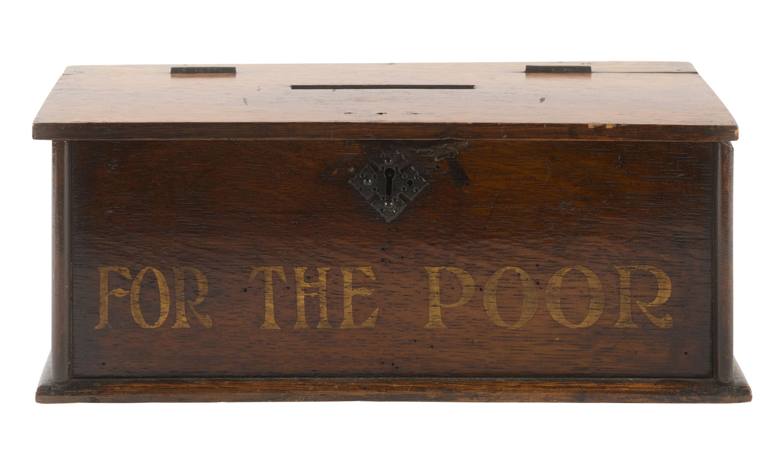 Frank Sinatra | Circa 1930s Alms Box: A piece made of wood; hinged lid with slot for money on top, side with hand-painted gold-tone text reading "For The Poor," lock above (though top part of it is now missing); used by Sinatra to store