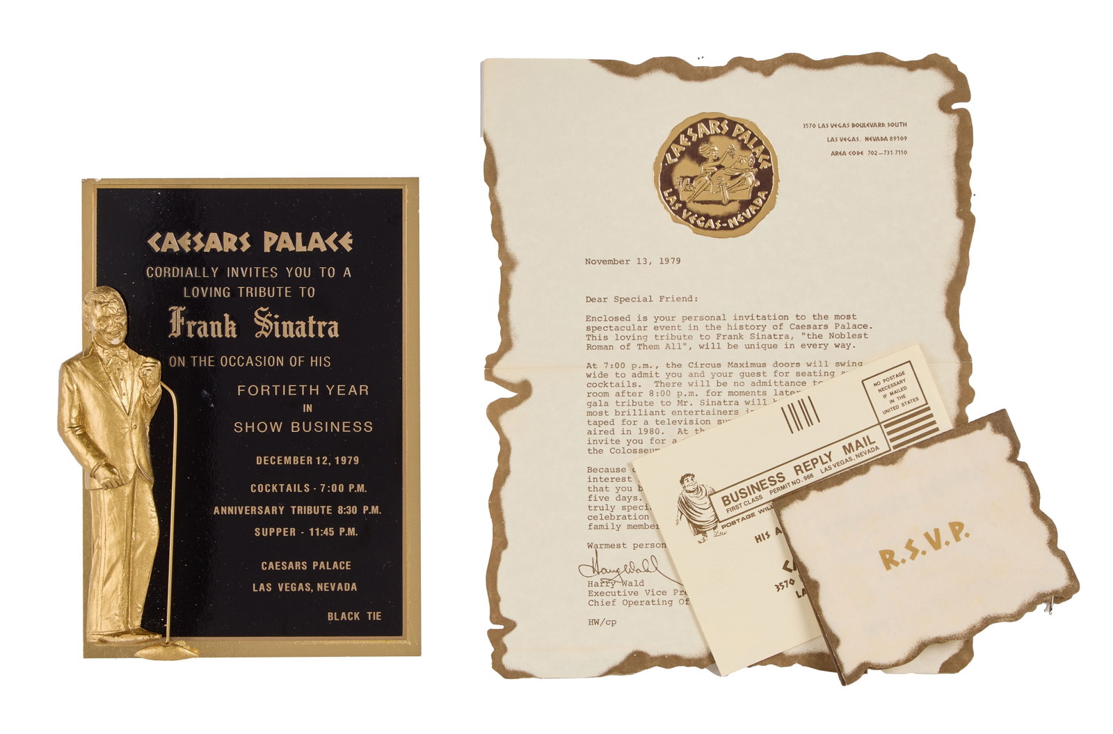 Frank Sinatra | 1979 Fancy Invitations: A group of two; both identical; comprising a dark brown glossy piece of paper with gold-tone text reading in part "Caesars Palace / Cordially Invites You" to celebrate the singer's "Fortieth Year /