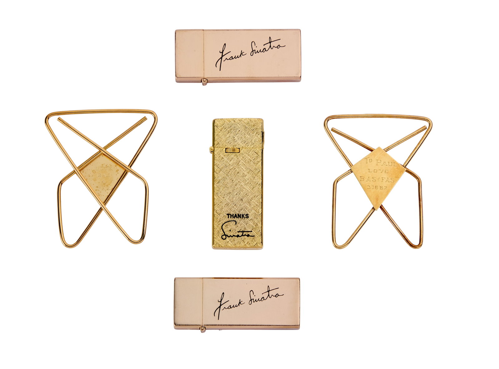 Frank Sinatra | 1970s-1990s Small Items: A group five; all gold-tone metal pieces the singer gave as mementos to friends and associates; the first a money clip, engraved "To Paul / Love / BAS/FAS / 3/18/87"; the second another money clip,