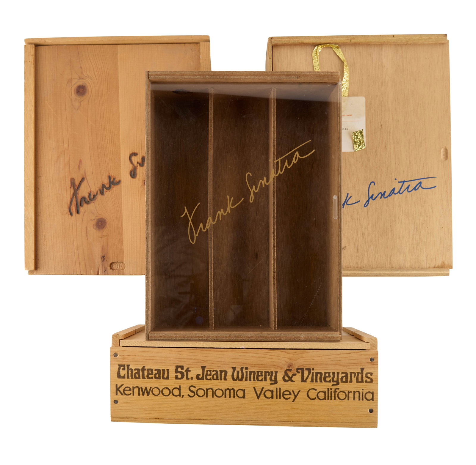 Frank Sinatra | 1980s-1990s Empty Wine Crates (I): A group of four; all made of wood in slightly different designs and sizes, each featuring Sinatra's facsimile signature on the lid, two displaying "Sinatra Enterprises" address labels addressed to "Lo