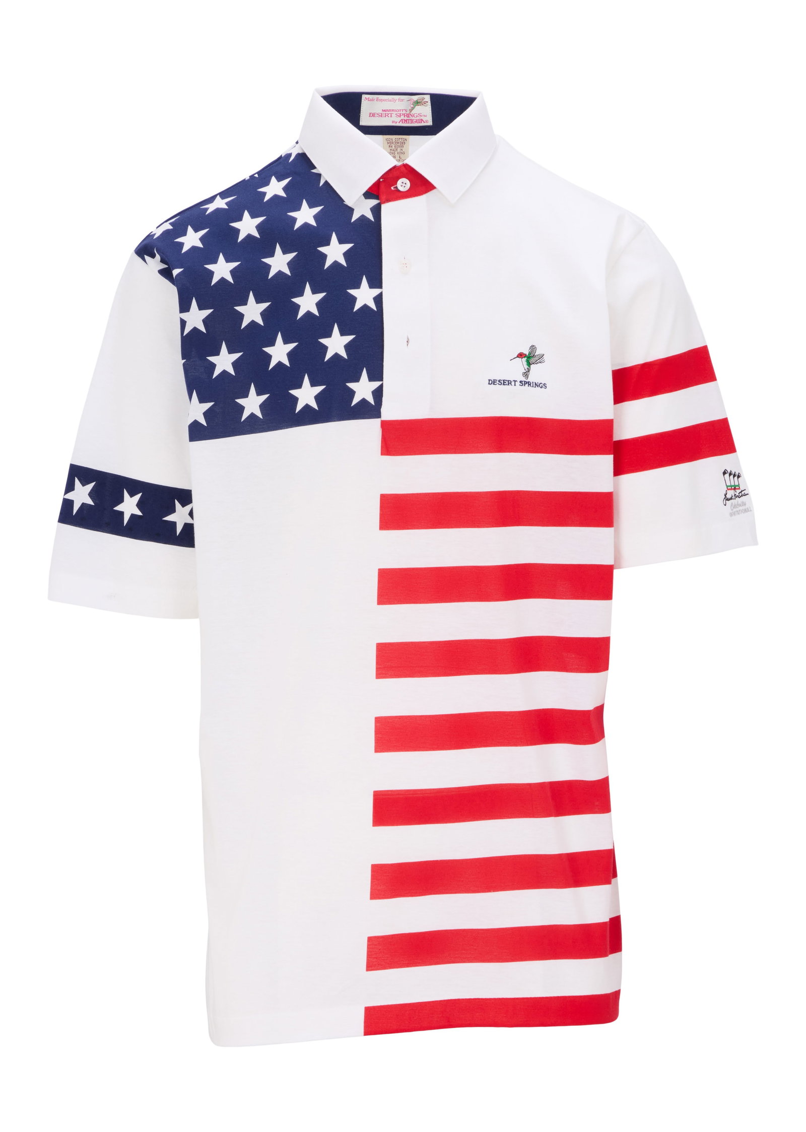 Frank Sinatra | 2009 Golf Invitational Polo Shirt: A never-worn garment; 100% cotton with an American flag motif, short sleeves, three button closure, stitching on left sleeve reads "Frank Sinatra / Celebrity / Invitational," and on left chest "Desert