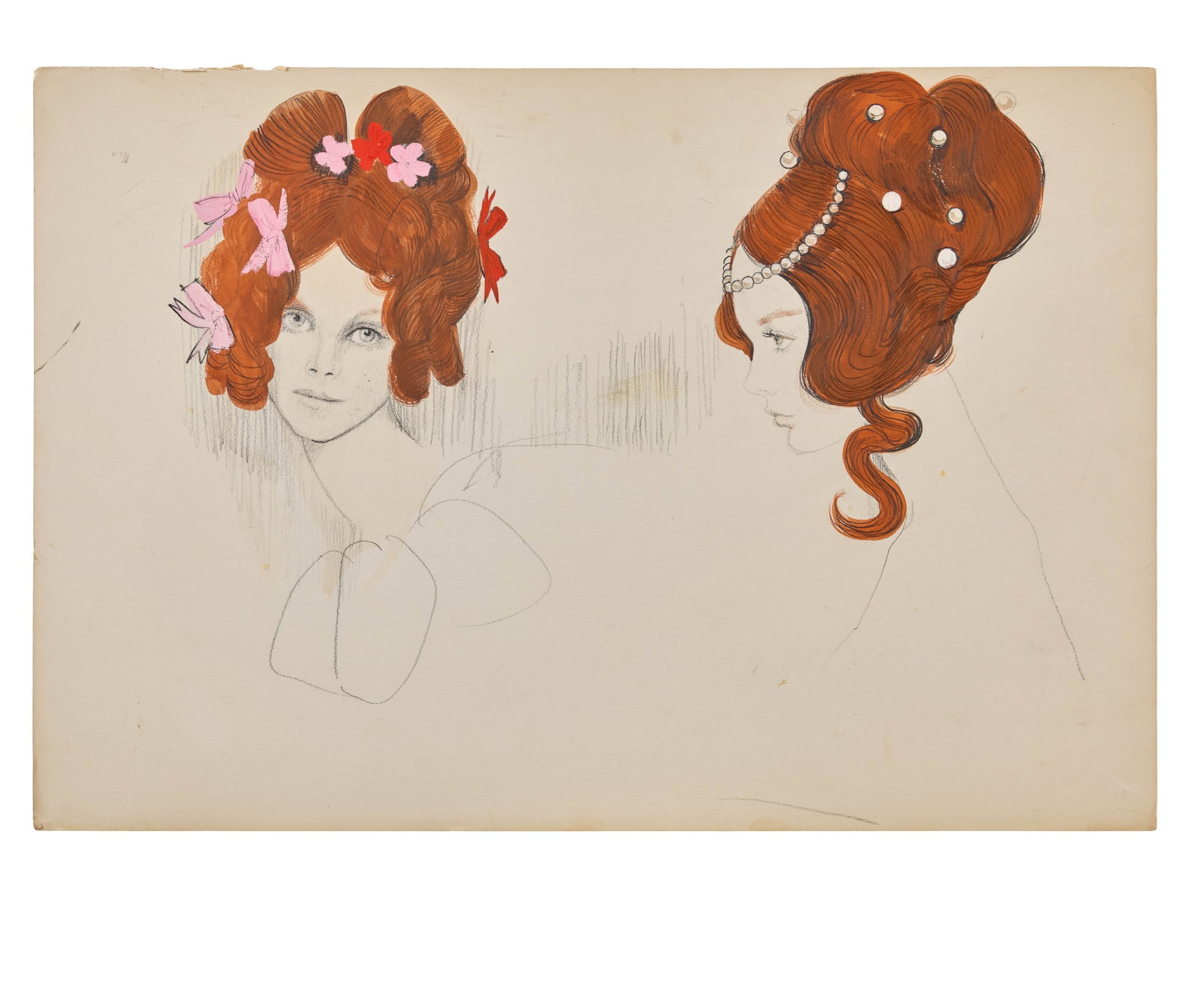 Samantha Eggar | 1967 "Doctor Dolittle" Hairstyle Concept Illustrations : 20th Century Fox, 1967. A series of original hairstyle concept illustrations for Samantha Eggar from the production of the classic musical, composed by costume designer Ray Aghayan. The mixed media il