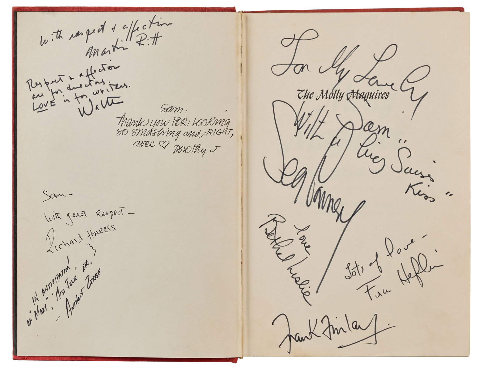Samantha Eggar | 1970 Sean Connery and Others Inscribed "Molly Maguires" Book: Paramount, 1970. A hardcover edition of The Molly Maguires by Wayne G. Broehl, Jr., inscribed in black felt-tip ink on the half title page to Samantha Eggar by the cast and crew of the film adaptation