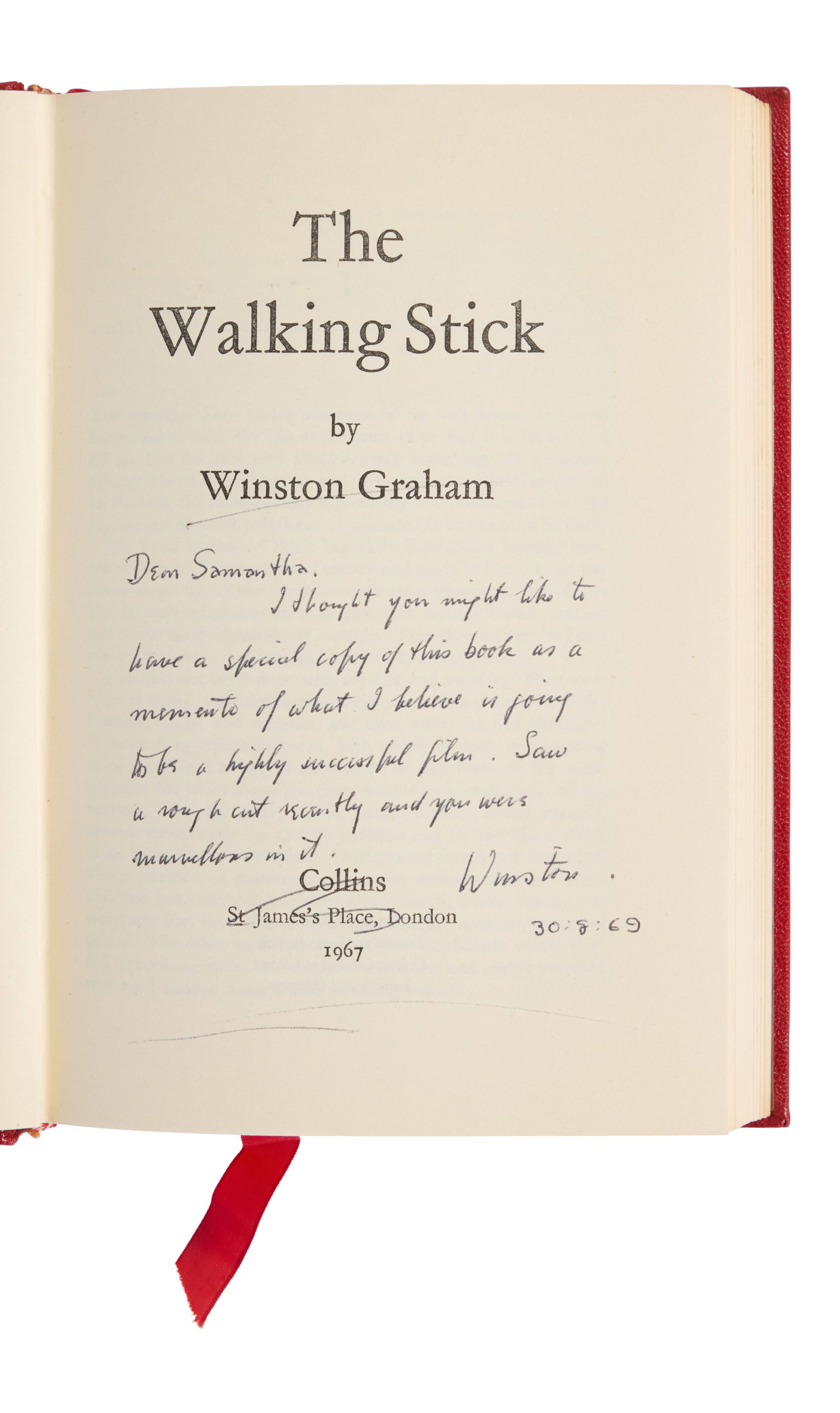 Samantha Eggar | 1967 "The Walking Stick" Winston Graham Signed Source Novel: MGM, 1970. A hardcover first edition of The Walking Stick by Winston Graham (St. James Place, London: Collins, 1967) inscribed in ballpoint pen by the author to Samantha Eggar on the title page. She s