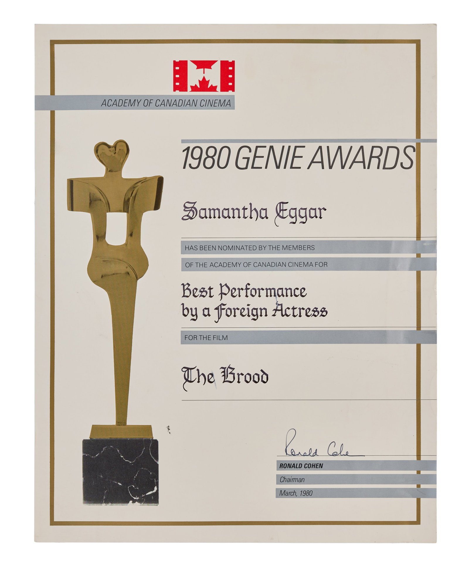 Samantha Eggar | 1980 "The Brood" Genie Award Nomination Certificate (1 of 2)