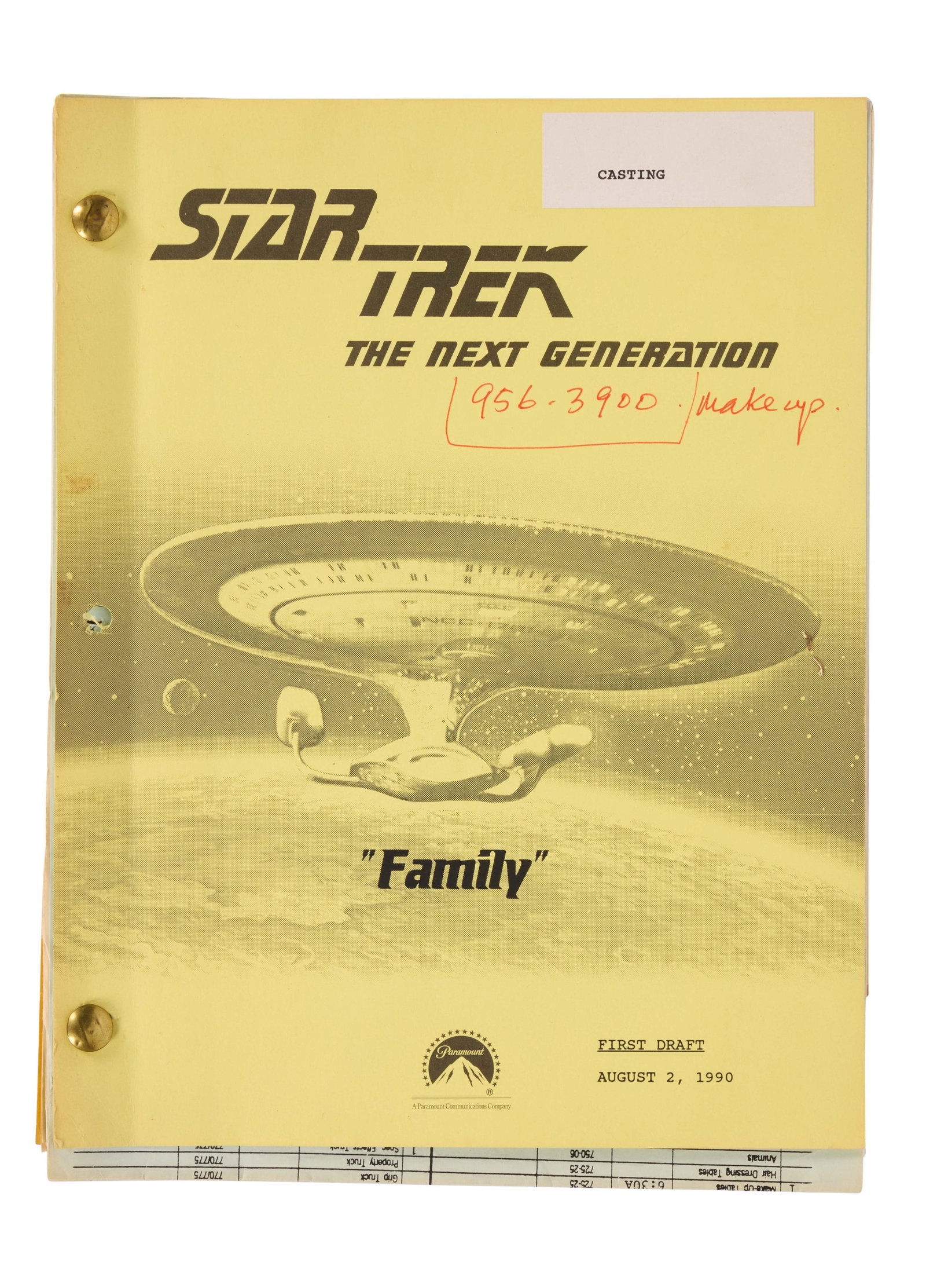 Samantha Eggar | 1990 "Star Trek: The Next Generation" "Family" Working Script: Samantha Eggar's working script from the production of season four, episode two of Star Trek: The Next Generation (Paramount, 1987-94) titled "Family," annotated by Eggar. The script is in studio wrap
