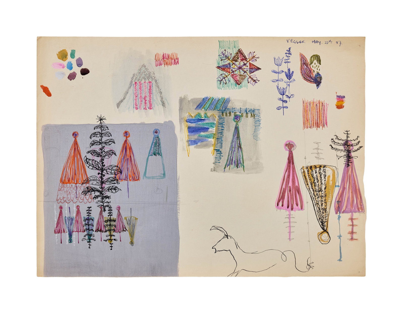 Samantha Eggar | 1950s Signed Art School Drawings: Seven sheets of drawing paper with art school exercises composed by Samantha Eggar. Four pages are signed "Eggar" or "V. Eggar," for "Victoria Eggar," the name she used in art school, and dated 1956