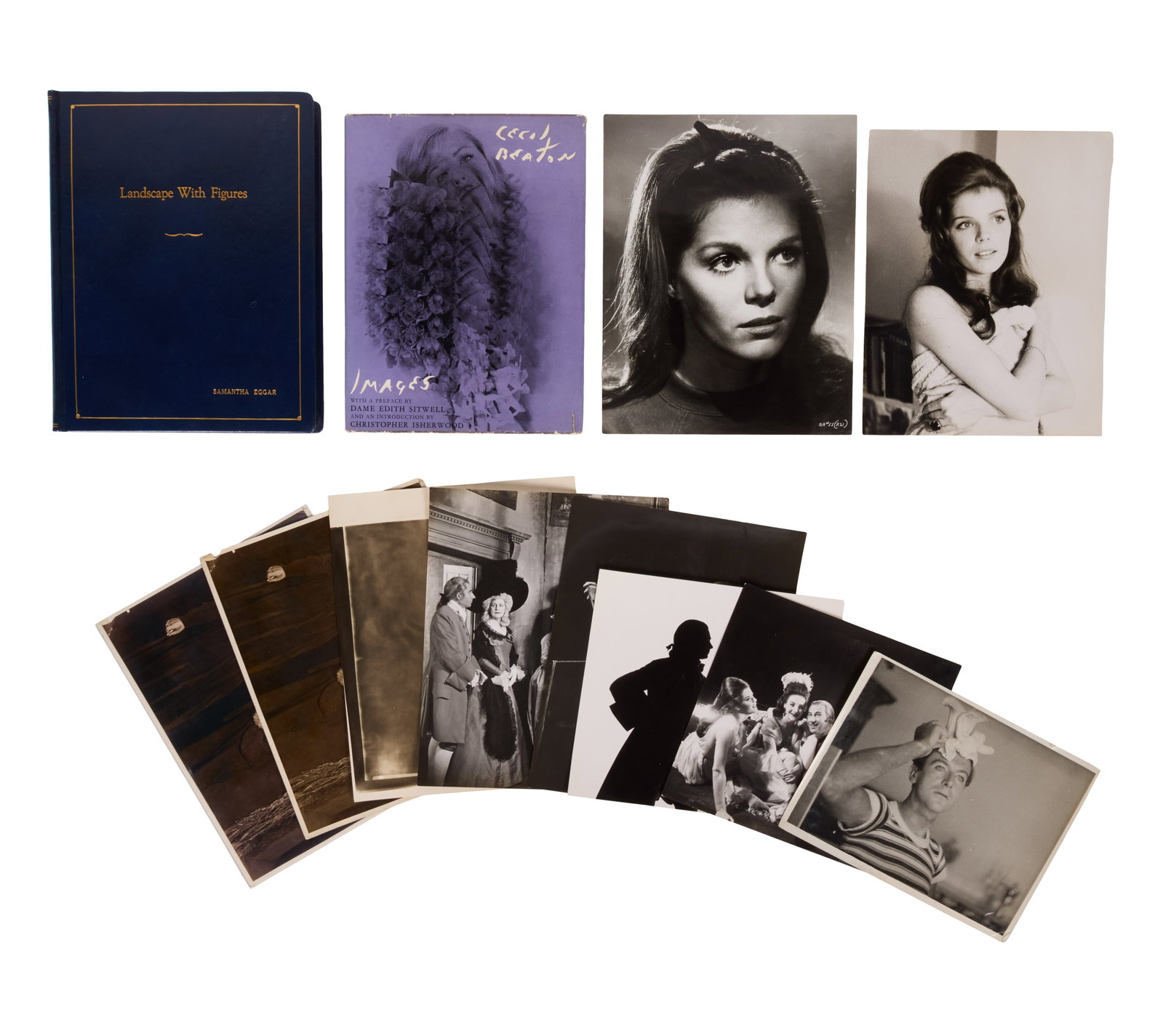 Samantha Eggar | 1959 First Play Working Script and Cecil Beaton Photos: Samantha Eggar's working script from her first play, 1959's Landscape With Figures, written and designed by Cecil Beaton, bound in a custom leather hardcover with her name debossed to the bottom left