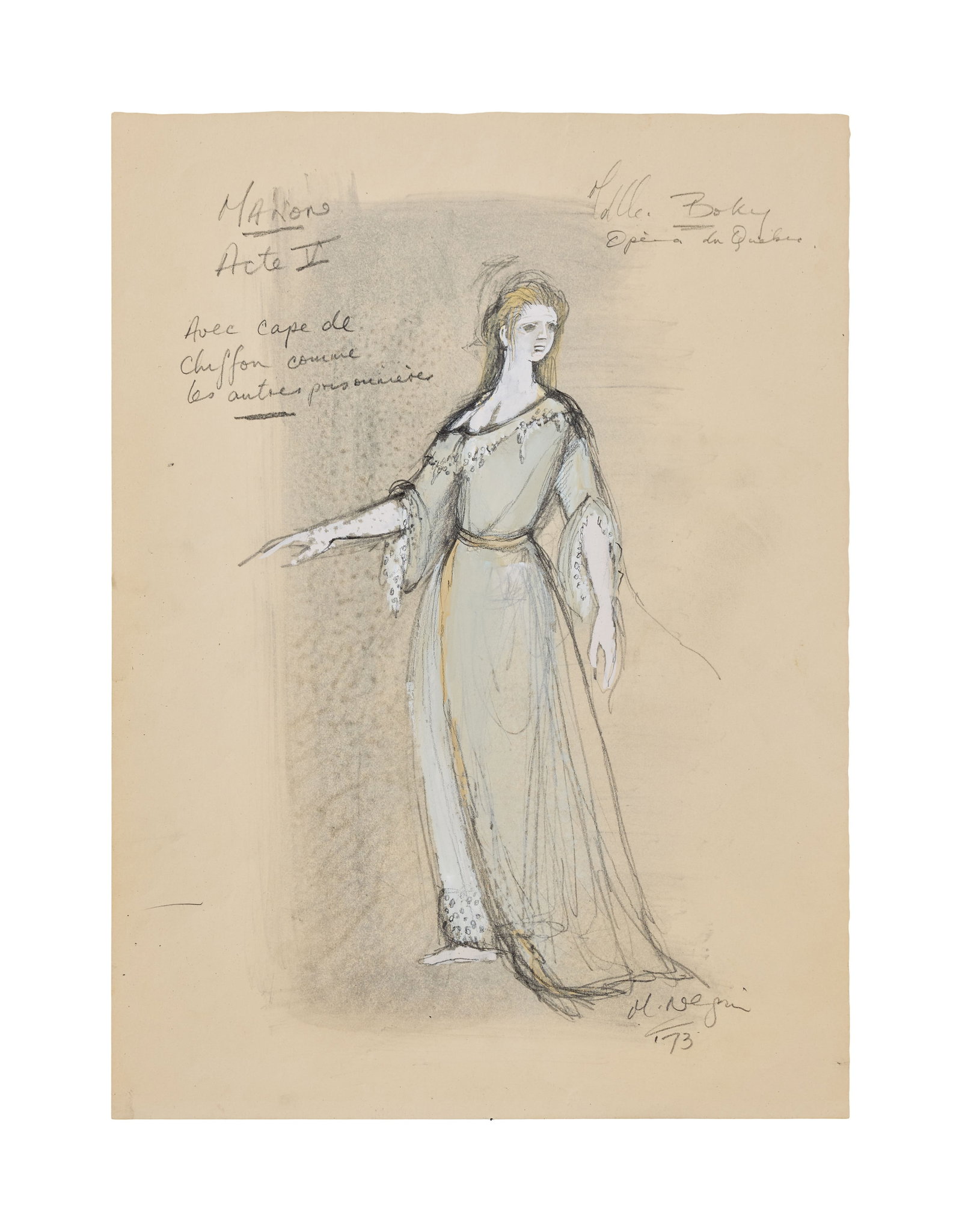 Samantha Eggar | Theater Costume Illustrations: Two original costume illustrations from theater productions, collected by Samantha Eggar. Both are signed by "M. Negri." Please note: These are from productions in which Eggar did not appear. A