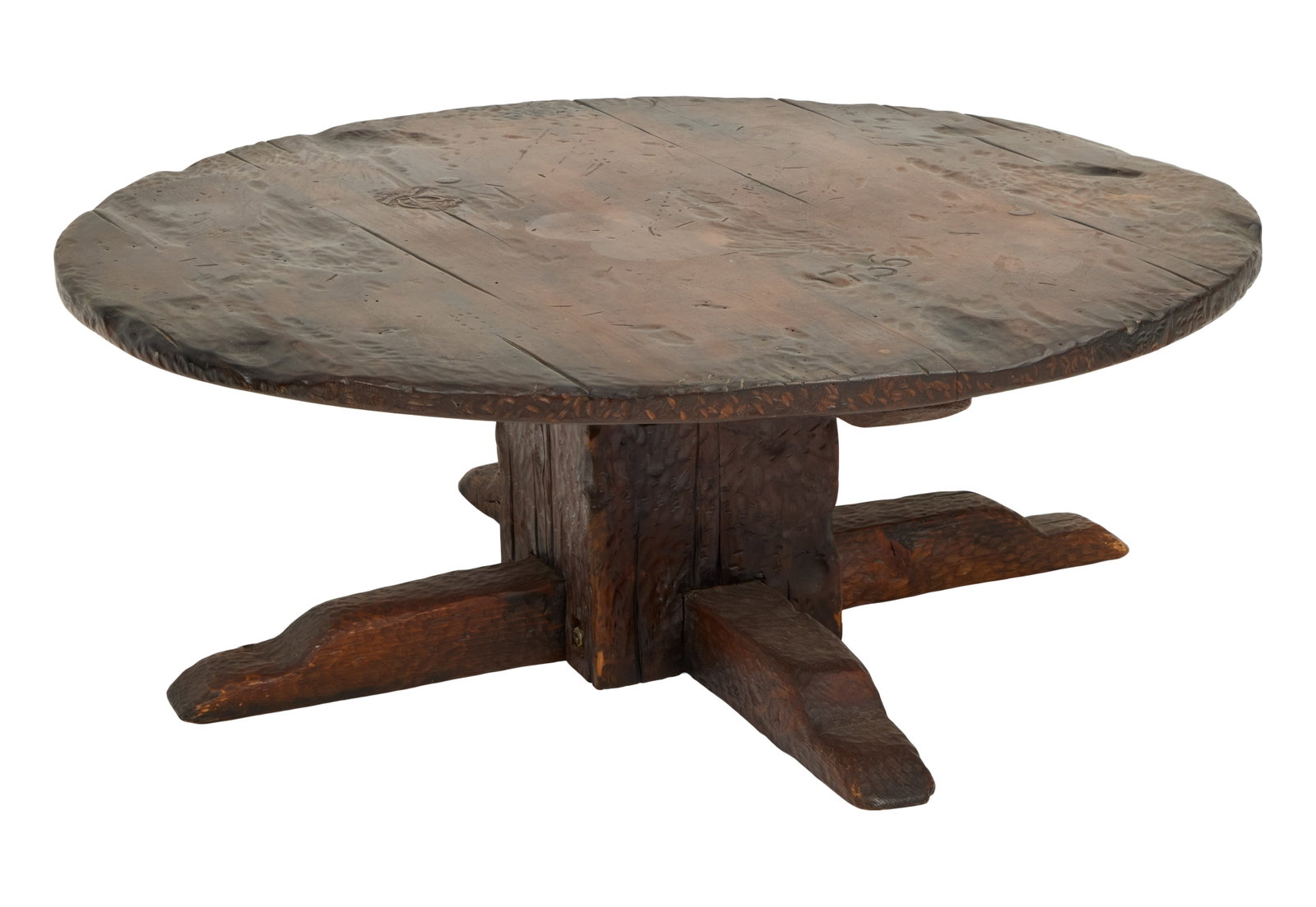 Samantha Eggar | Rod Taylor Carved Oak Coffee Table: An oak coffee table carved by Samantha Eggar's friend, the actor Rod Taylor. A crest and the number "1736" are carved to the top. Taylor is best known for his roles in The Birds (Universal, 1963),