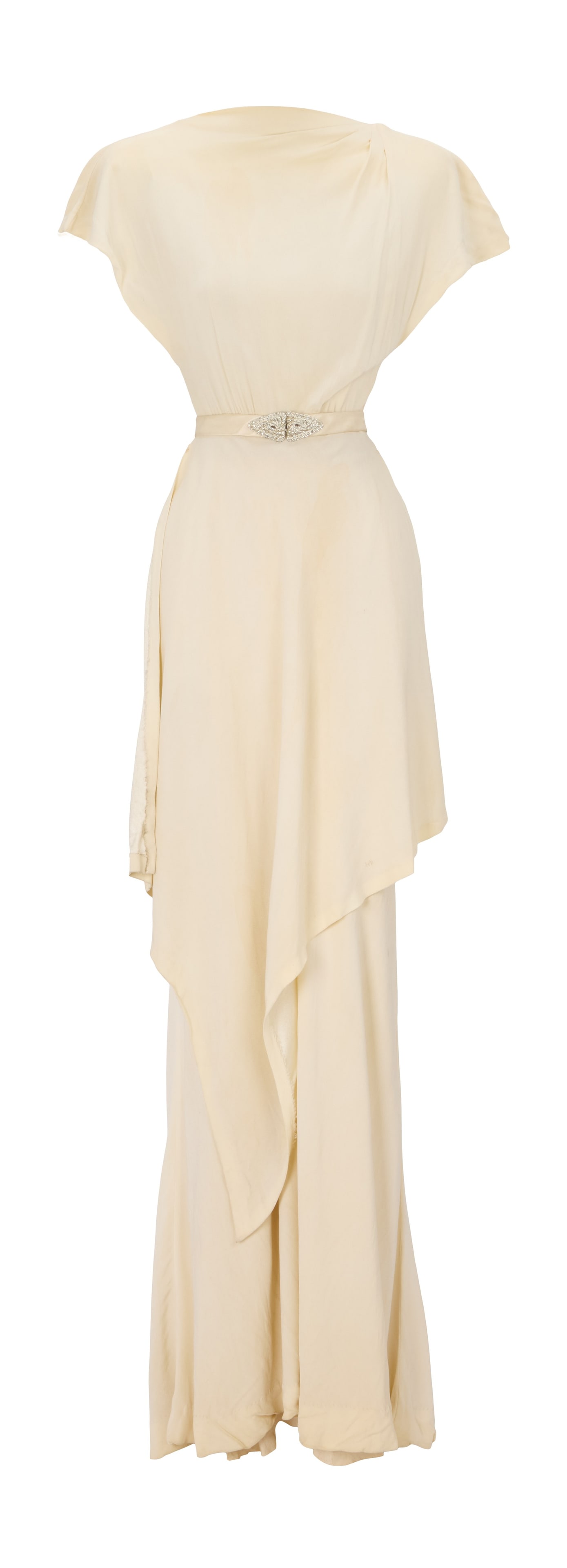 Jill Clayburgh | 1976 Period Gown from "Gable and Lombard": Universal, 1976; a garment made of ivory-colored silk; floor-length, short capped sleeves, long asymmetrical peplum in front, open back, back zip-up and hook-and-eye closure; self-belt with fancy rhin