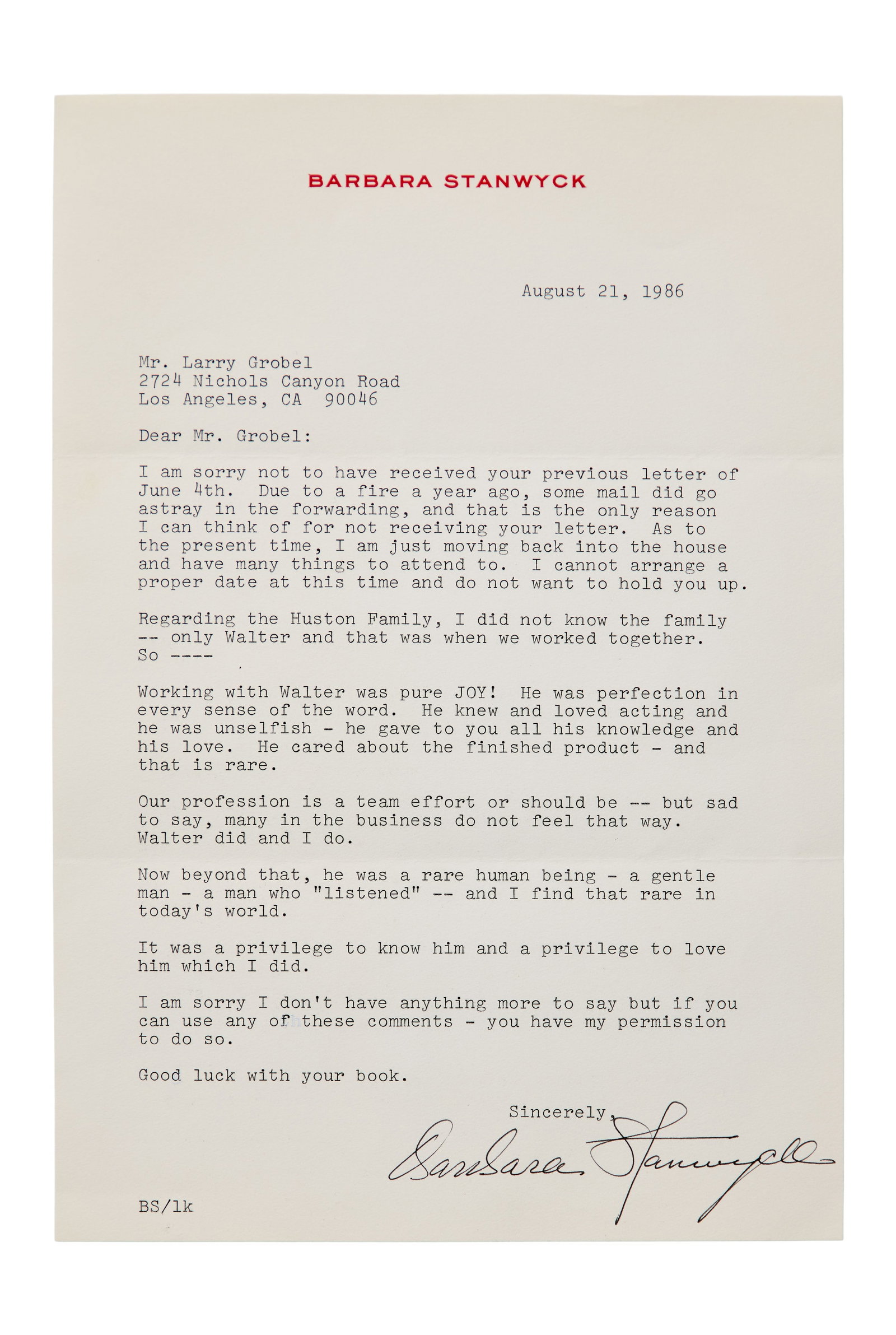 Barbara Stanwyck | Signed Letter to Lawrence Grobel (1 of 3)