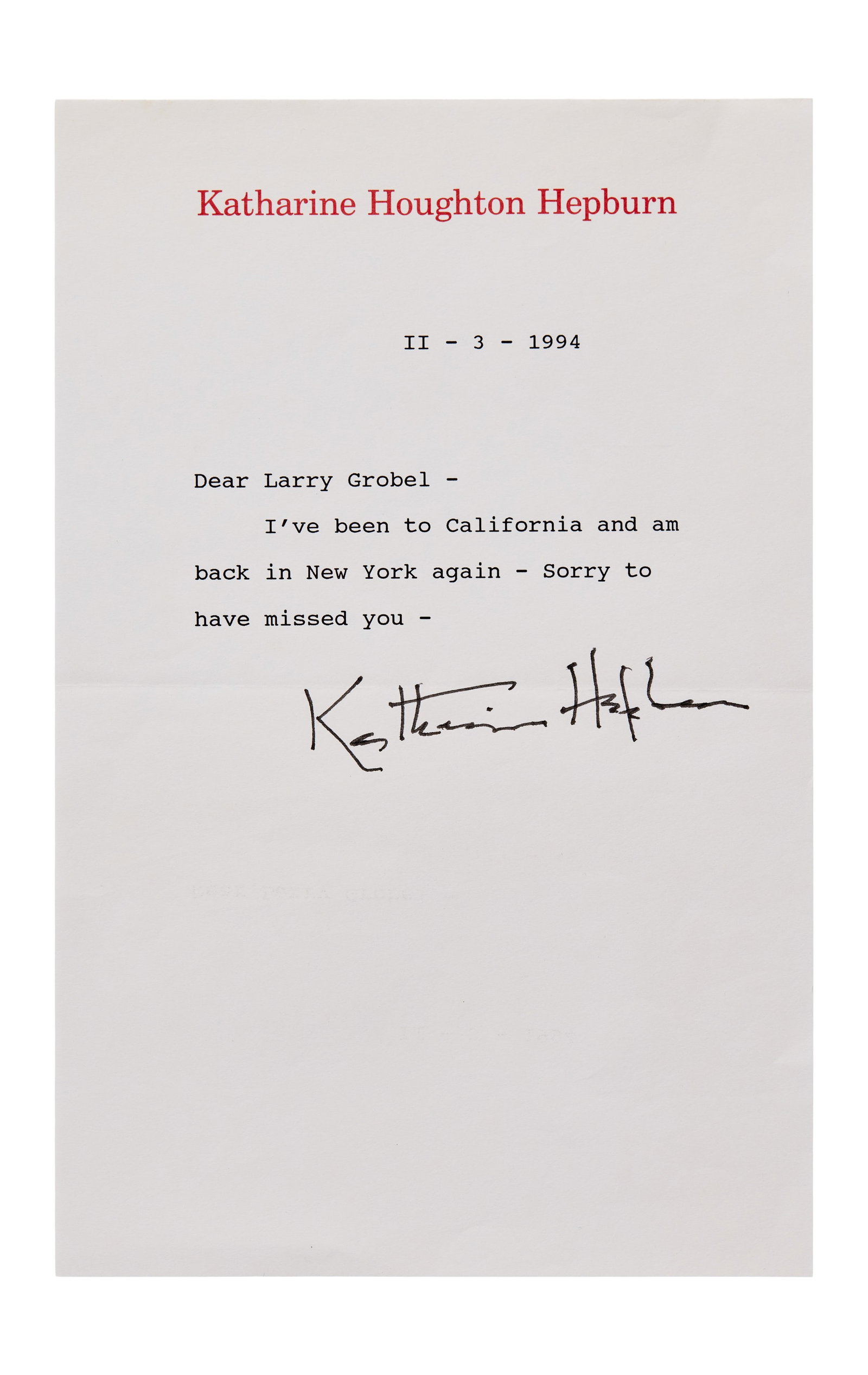 Katharine Hepburn | Signed Note to Lawrence Grobel: A typed letter signed by legendary actress Katharine Hepburn, on custom letterhead stationery. Dated November 3, 1994, the letter is a short note to journalist Larry Grobel that features a large ink