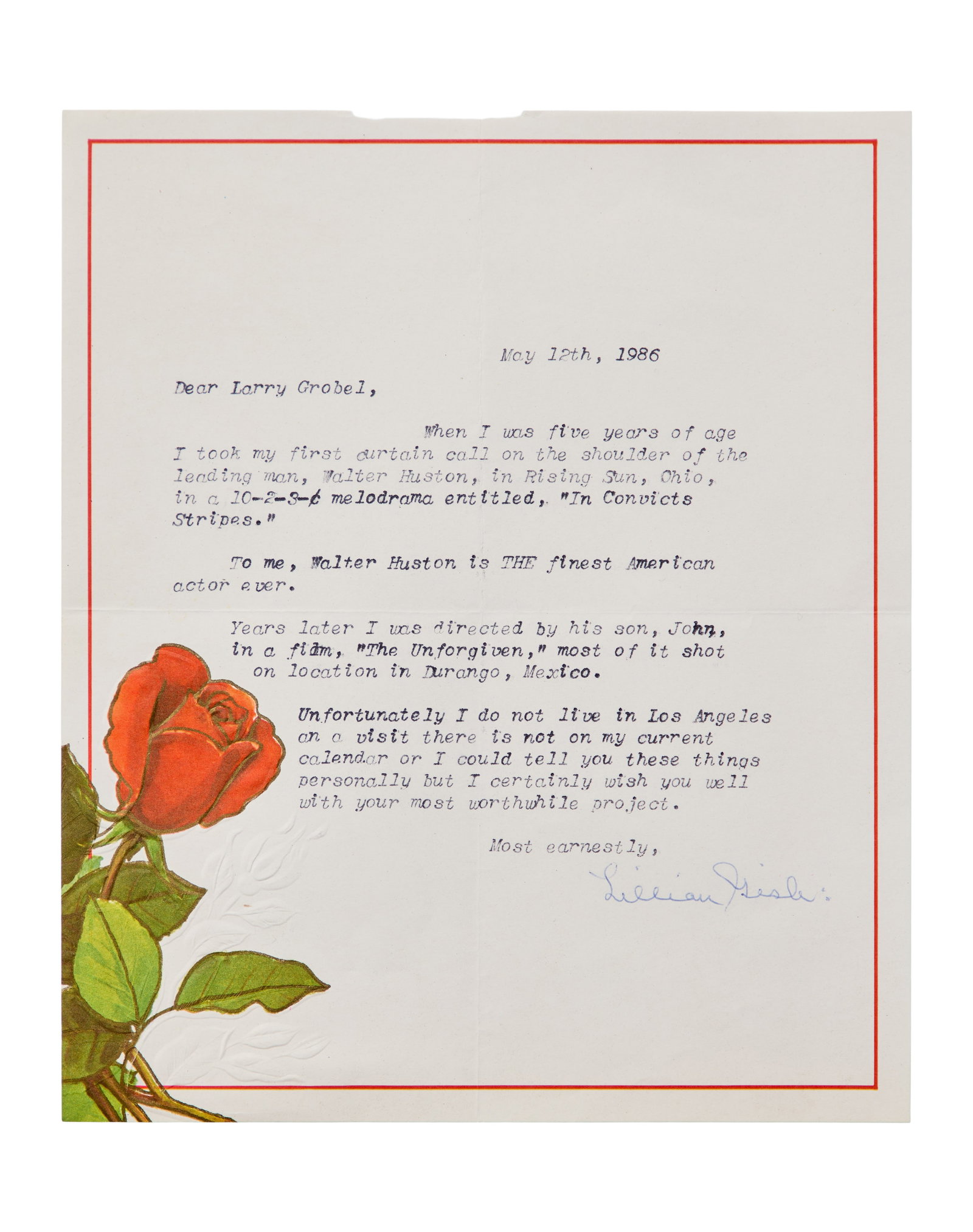 Lillian Gish | Signed Letter to Lawrence Grobel: A typed letter signed by one of the greatest stars of the silent screen, Lillian Gish, on decorative embossed stationery. Dated May 12, 1986, the letter was sent to journalist Larry Grobel, who at