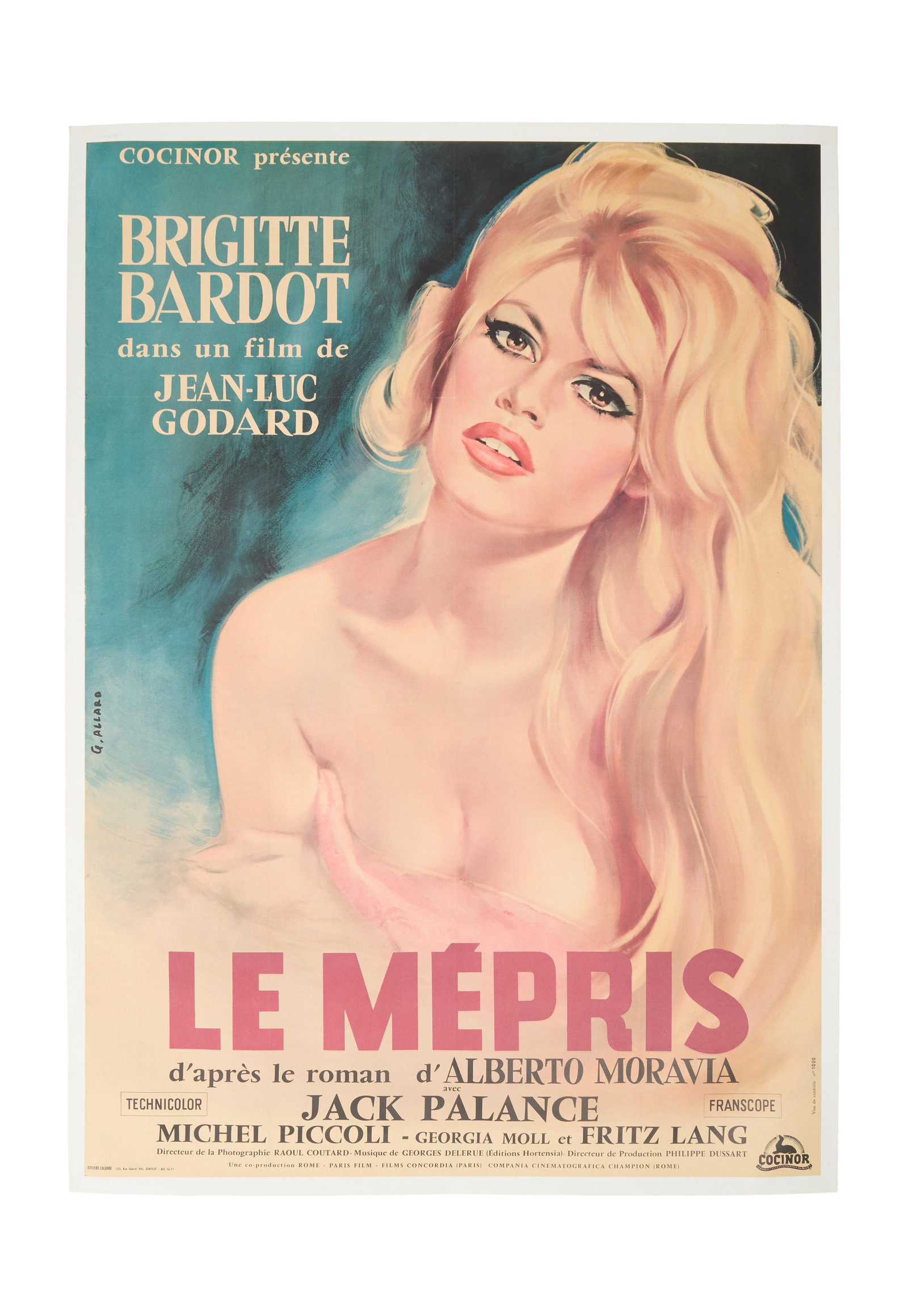Brigitte Bardot | Contempt Grande Poster: Cocinor, 1963. French Grande, 62" x 44", linen-backed. Linen trimmed 1" from poster. Signs of light restoration, very fine condition. A French Grande size poster for the film Contempt