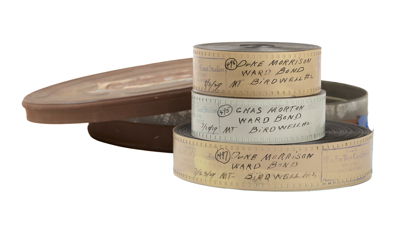 John Wayne | Original 1929 Screen Test Audition ? Newly Discovered 35mm Film Reels: A group of three original 35mm nitrate film reels from 1929, two of which feature a rare screen test for John Wayne (aka Duke Morrison) and Ward Bond, and a third featuring a screen test with Charles