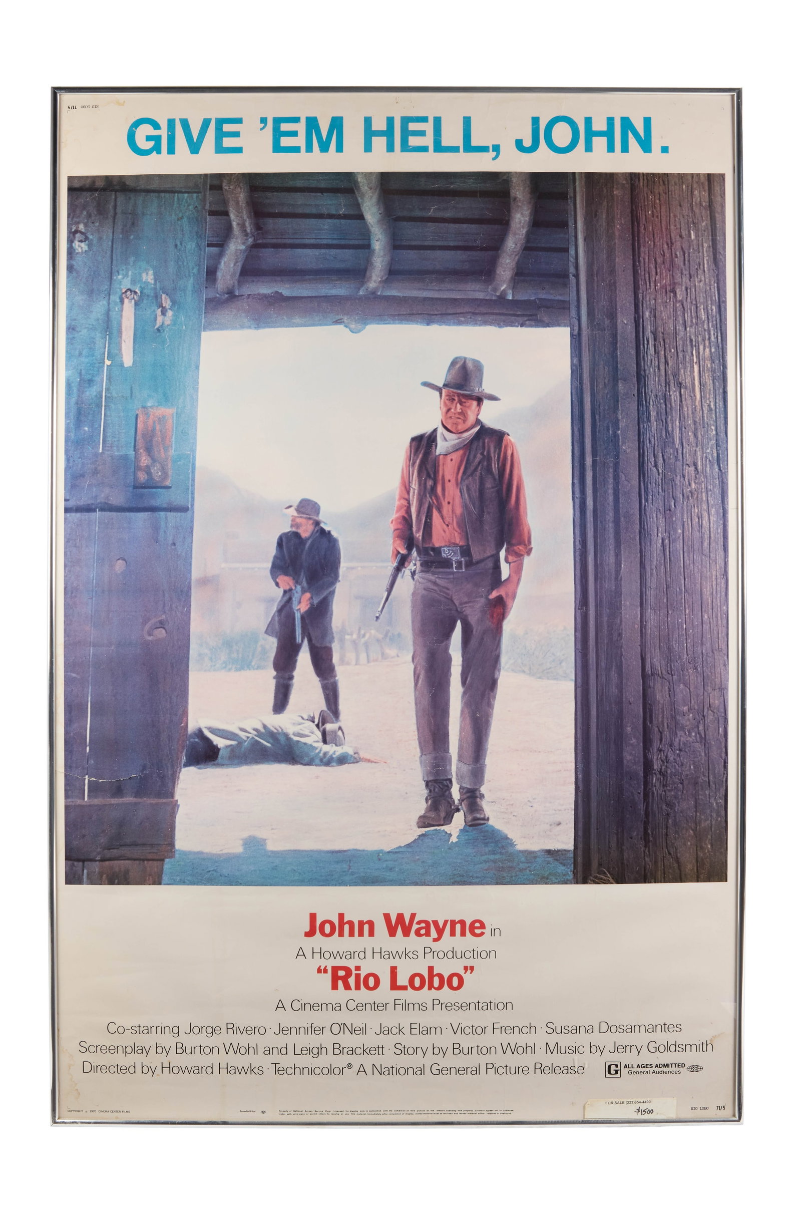 Rio Lobo | Movie Poster: National General, 1971. 40" x 60" poster. Small pinprick tears to top quarter, creases throughout, discoloration to upper and lower left corners. Some color fading. Framed. Rio Lobo was the final