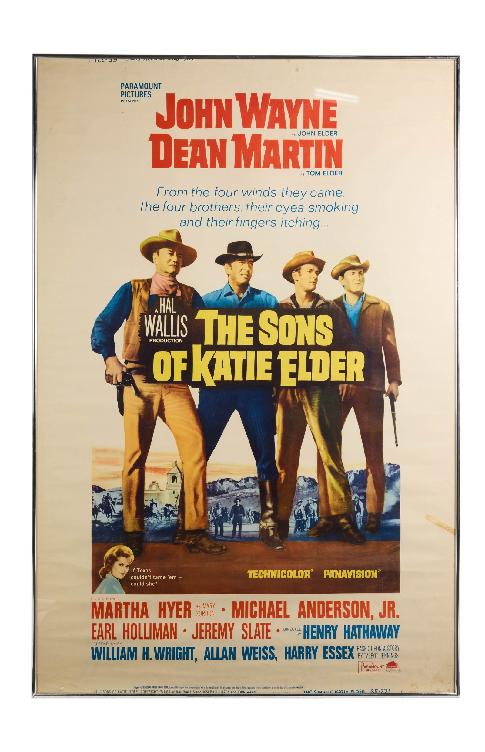 The Sons of Katie Elder | Movie Poster: Paramount, 1965. 40" x 60" poster, style "Y." Small creases and discoloration throughout. Small triangular tear in lower left corner. Tear mended with tape, discolored, lower right. Stain lower right 
