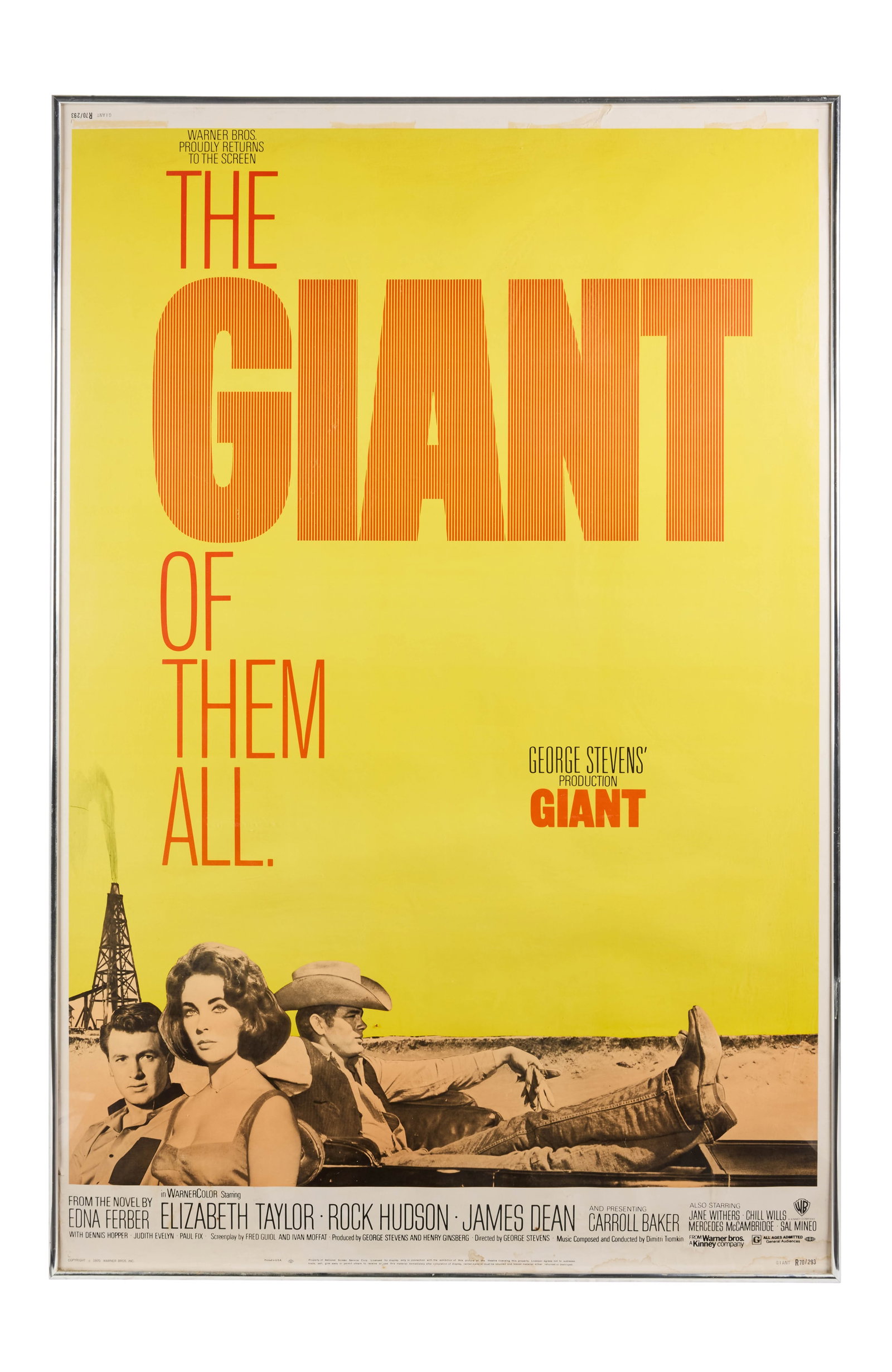 James Dean | 1956 "Giant" Movie Poster: Warner Bros., R-1970. Poster, 40 x 60 inches. Four tears on the top of the poster, a small tear over the image of Elizabeth Taylor; some staining on the bottom middle and bottom right. Framed. Giant
