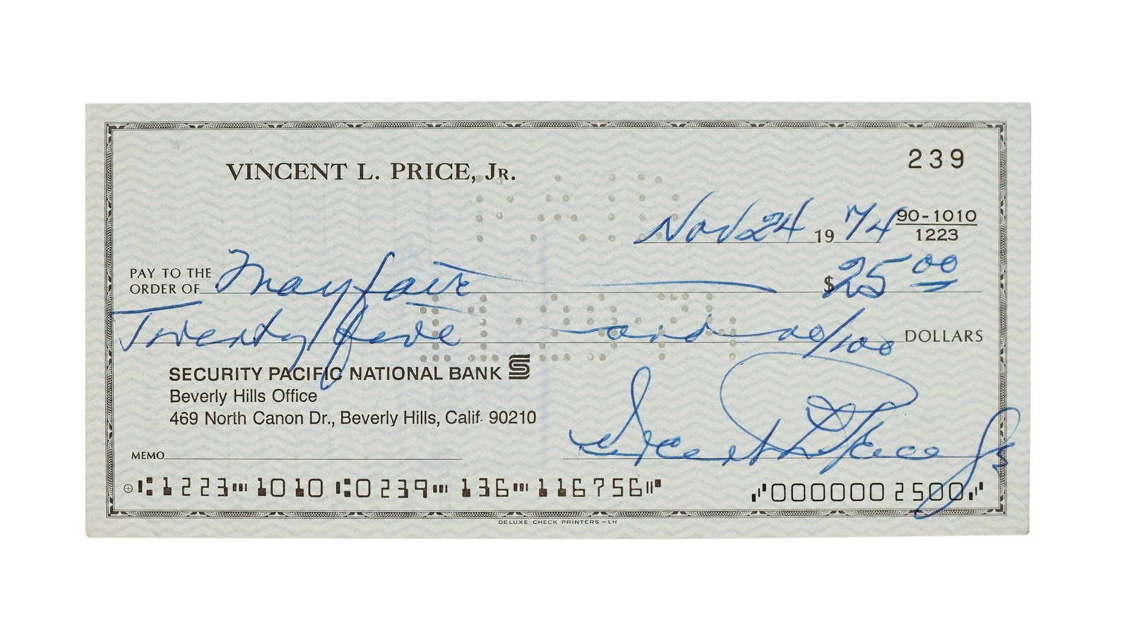 Vincent Price | Signed Check (1 of 2)