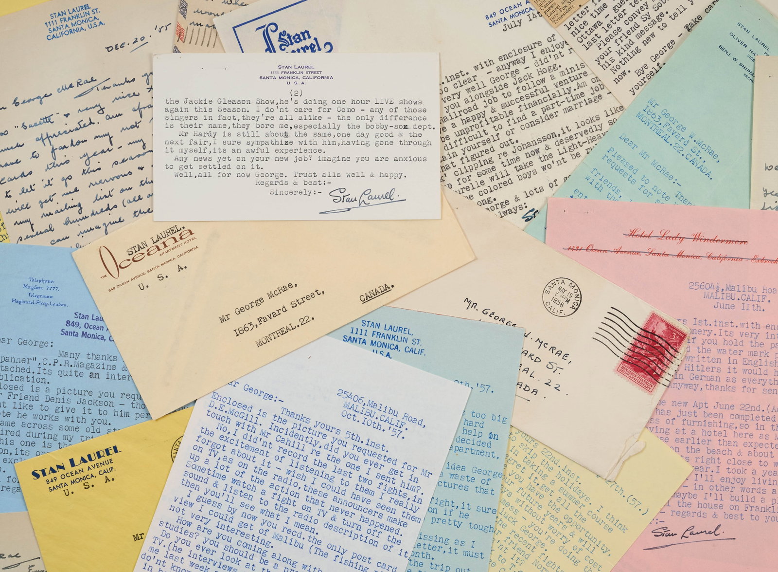 Stan Laurel | 1955-1960 Extraordinary and Massive Collection of Handwritten and Typed Letters to a: A comprehensive and extensive collection of approximately 150 pieces (and then some) of detailed correspondence; sent between 1955 and 1960 by the legendary comedian to a young fan from Montreal,