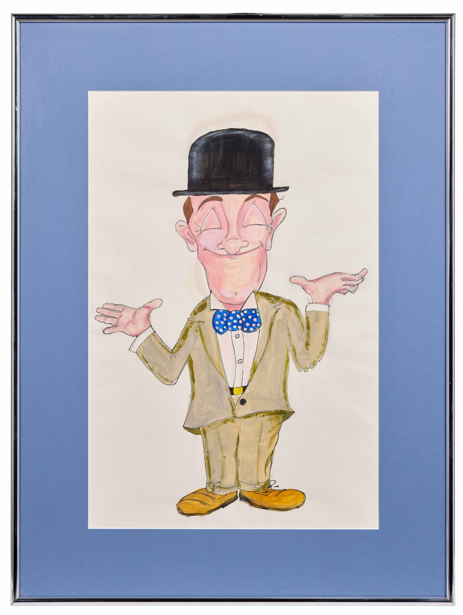 Stan Laurel | Portrait by Chuck McCann: A caricatured portrait of Stan Laurel with his signature bowler hat and bow tie, holding a pie, pen and ink on paper, by Chuck McCann. Unsigned. The illustration is housed in a silver-tone frame with