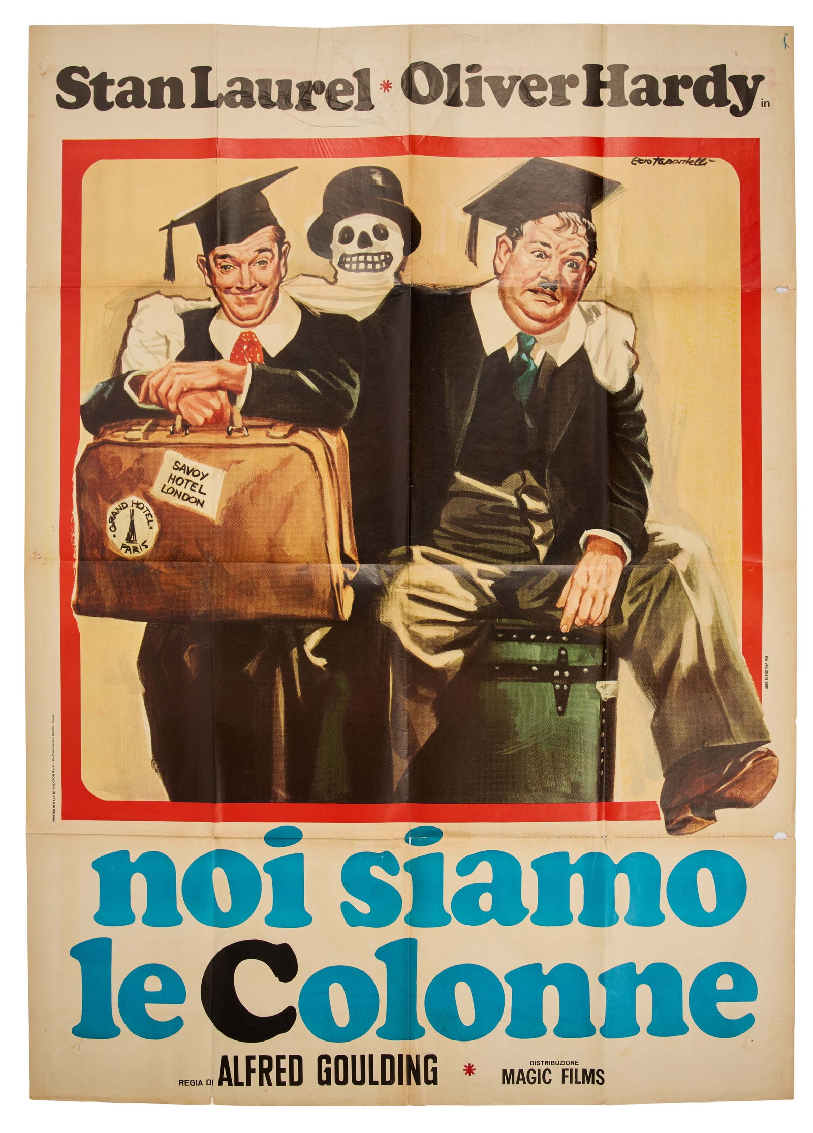 Laurel and Hardy | A Chump at Oxford Italian Movie Poster: A postwar Italian reissue poster for the Stan Laurel and Oliver Hardy film, A Chump at Oxford (United Artists, 1940) featuring the Italian release title, "Noi Siamo Le Colonne." This was the