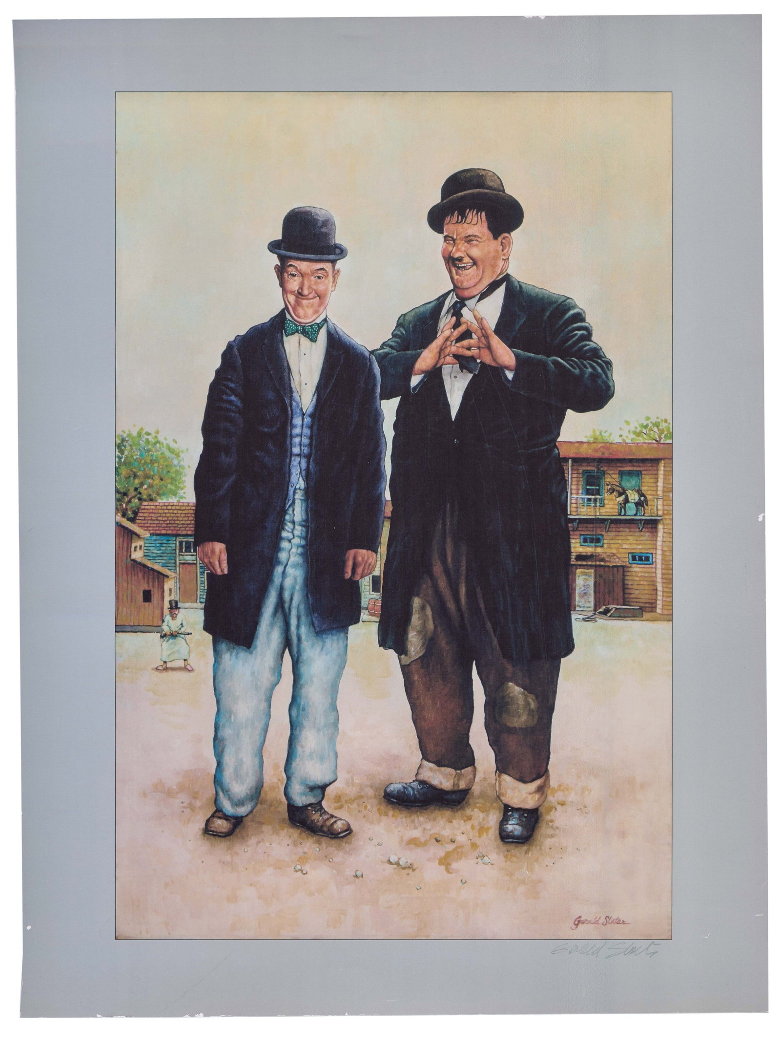Laurel and Hardy | Gerald Slater Signed Prints (9): Nine color prints of an original artwork featuring comedians Stan Laurel and Oliver Hardy, each hand-signed by the artist, Gerald Slater. Please note some damage to the paper is evident on several of