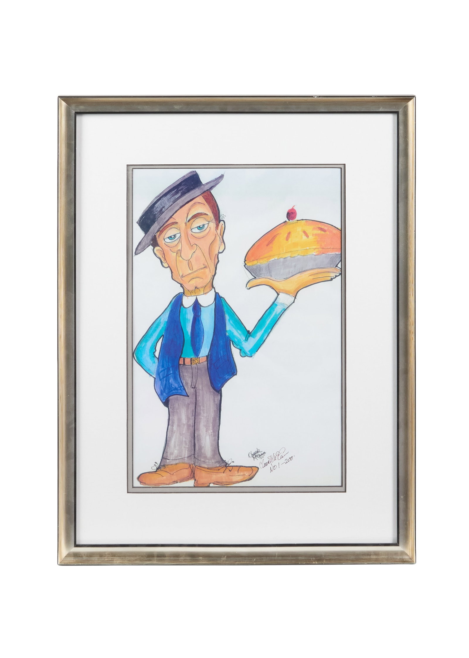 Buster Keaton | Portrait by Chuck McCann: A caricatured portrait of Buster Keaton holding a pie, pen and ink on paper, by Chuck McCann. Signed by the artist and inscribed, "No 1?200." The illustration is framed and housed in a white outer