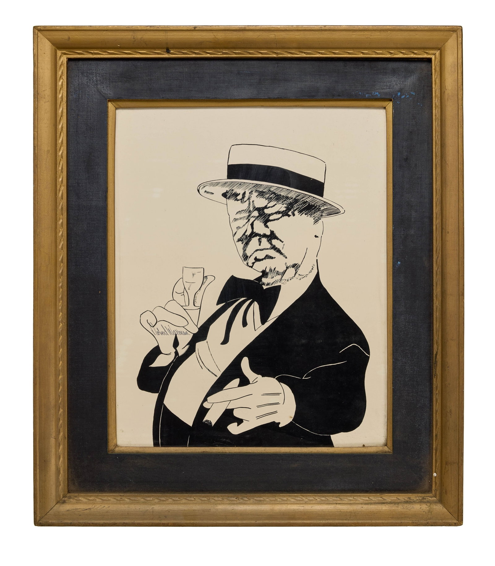 W.C. Fields | Framed Caricature by Robert Waxman: A caricature of American actor and comedian W.C. Fields by Robert Waxman, signed by the artist, in pen and ink on paper. Housed in a wooden frame, painted black and in gold-tone, with glass. Property