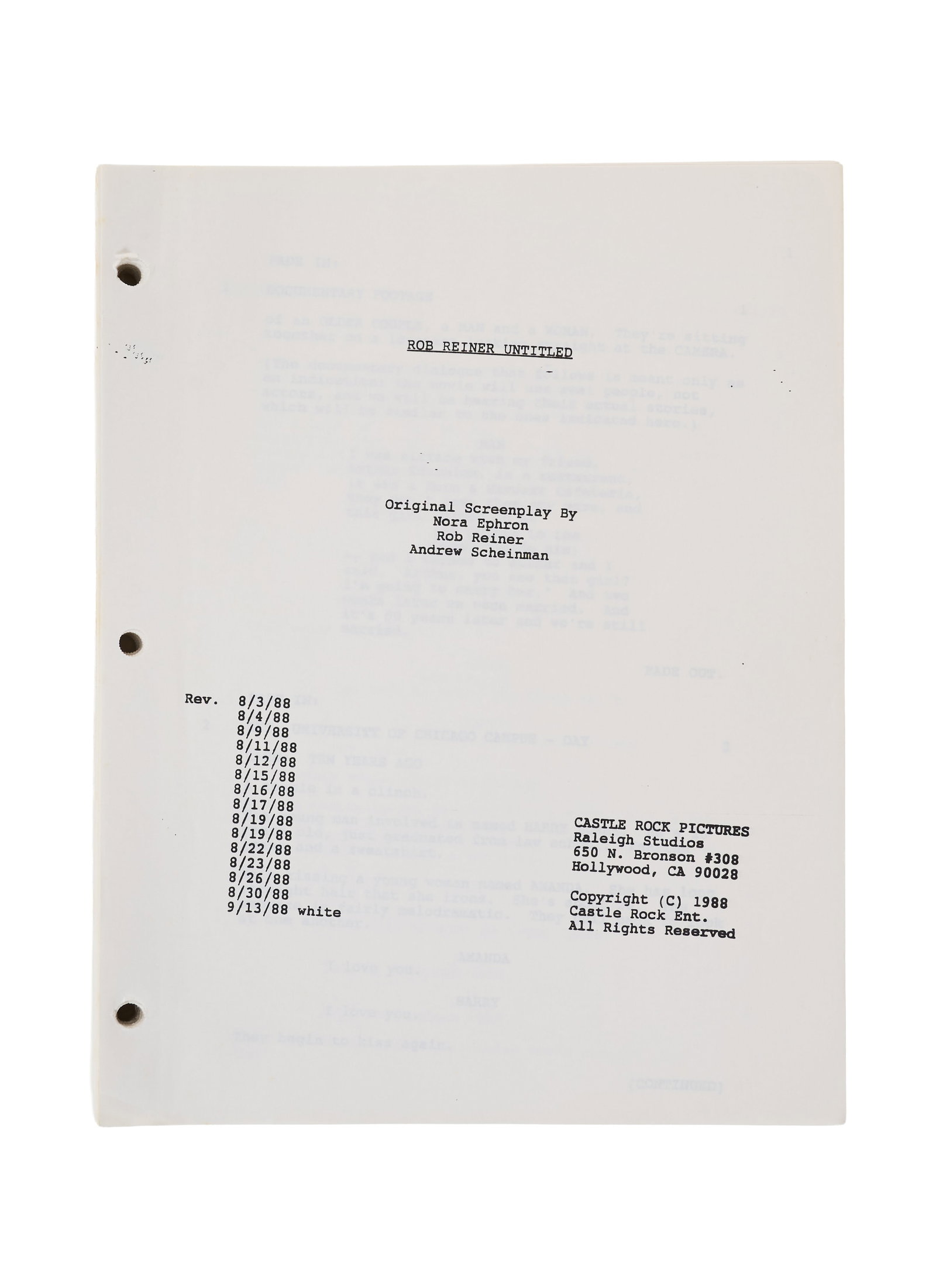 Rob Reiner | 1989 "When Harry Met Sally?" Script: Castle Rock, 1989. An original screenplay from the production of the classic romantic comedy by Nora Ephron, Rob Reiner, and Andrew Scheiman, in studio wrappers, printed on white pages, bound with