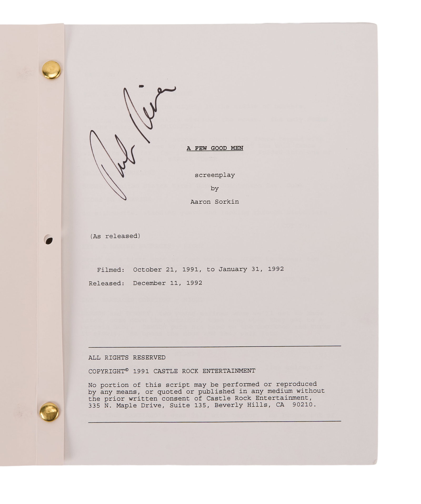 Rob Reiner | 1992 "A Few Good Men" Signed Script: A copy of the screenplay for the highly acclaimed legal drama A Few Good Men (Columbia, 1992), signed by the director of the film, Rob Reiner. The script is housed in branded Castle Rock Entertainment
