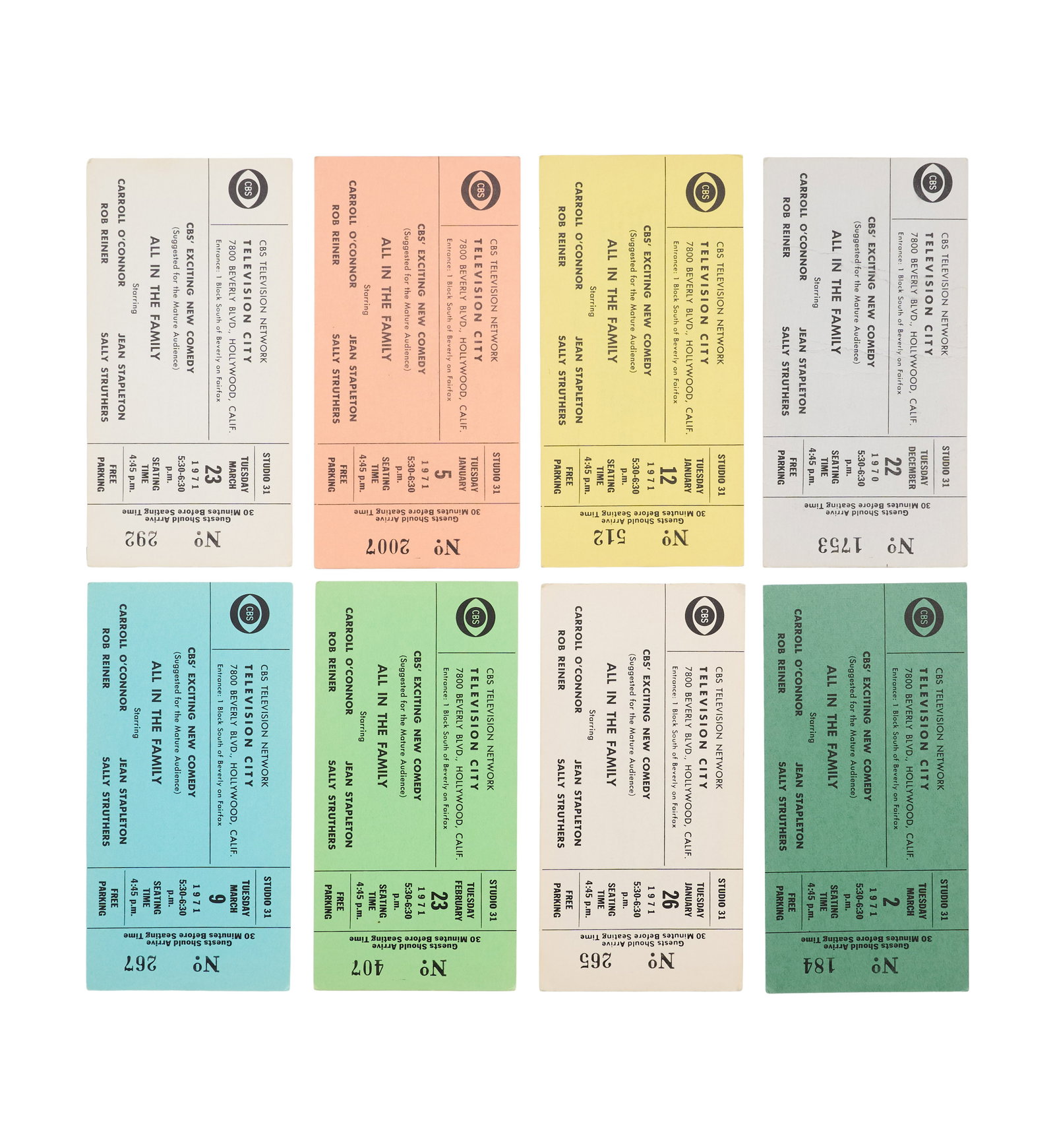 Rob Reiner | 1970-71 "All in the Family" Eight Unused Taping Tickets from Season One (1 of 1)