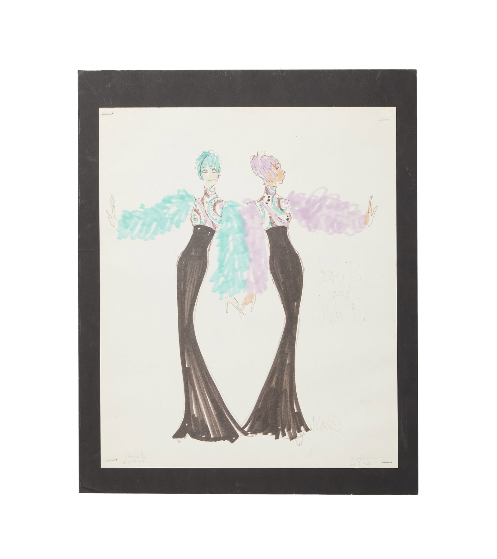 Carol Burnett | 1972 Bob Mackie Signed Costume Illustration : CBS, 1967-1978. A signed Bob Mackie costume illustration for The Carol Burnett Show, season 6 episode 12. The illustrations feature two full-length female figures, one being Carol Burnett in the