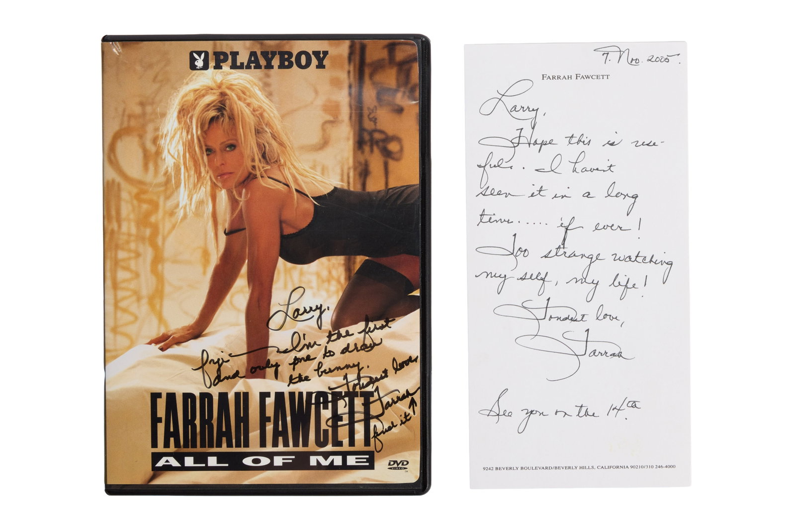 Farrah Fawcett | Signed Letter and "All of Me" DVD: A handwritten letter and rare DVD, both signed by iconic beauty Farrah Fawcett to her friend, Hollywood journalist Larry Grobel. The DVD is the Playboy-produced "All of Me," which features