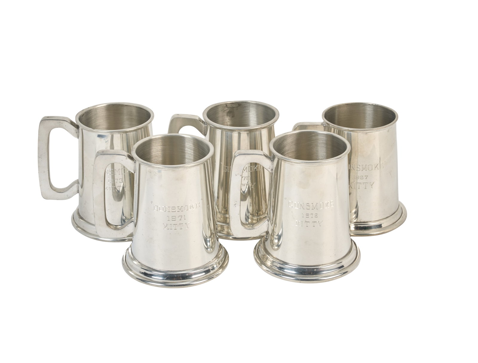 Gunsmoke | 1960s-'70s Five Miss Kitty (Amanda Blake) Metal Tankards: CBS, 1955-1975. A collection of five metal commemorative tankards given to Amanda Blake, who portrayed the beloved character Miss Kitty on the beloved TV western for twenty years. These tankards were