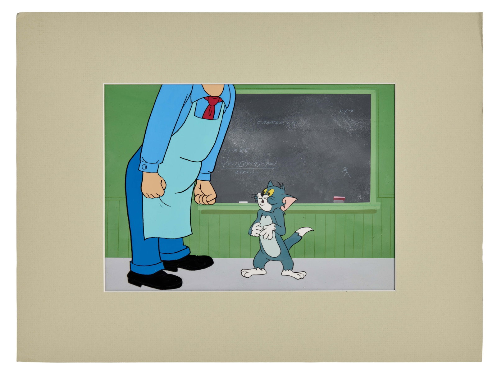 Tom and Jerry | Tom Animation Cel with Background: An animation cel and background featuring the cat Tom, from the long running series of Tom and Jerry cartoons. House in a light green mat. Sight: 7 x 9.75 inches From the collection of Chuck McCann,