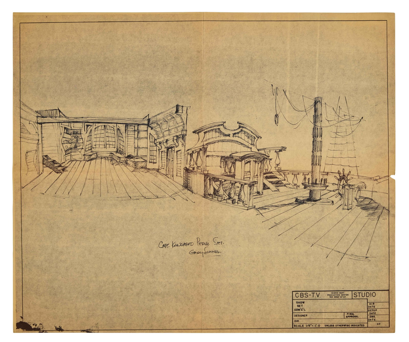 Captain Kangaroo | Permanent Set Drawing: A drawing of a boat deck labeled "CAPT. KANGAROO PERM. SET" from the CBS-TV Scenic Department. Unfolded: 20 x 24 inches Captain Kangaroo (CBS, 1955-1984) was a long-running children's television