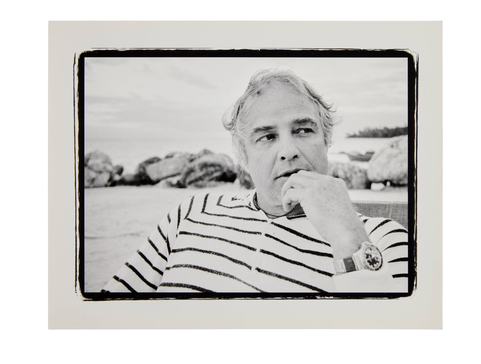 Marlon Brando | 1978 Portrait by Lawrence Grobel (C): Original print, double-weight paper, matte finish. A black and white portrait of Marlon Brando at his Tahitian atoll, Teti'aroa. This photograph of the star was taken by journalist Larry Grobel, who