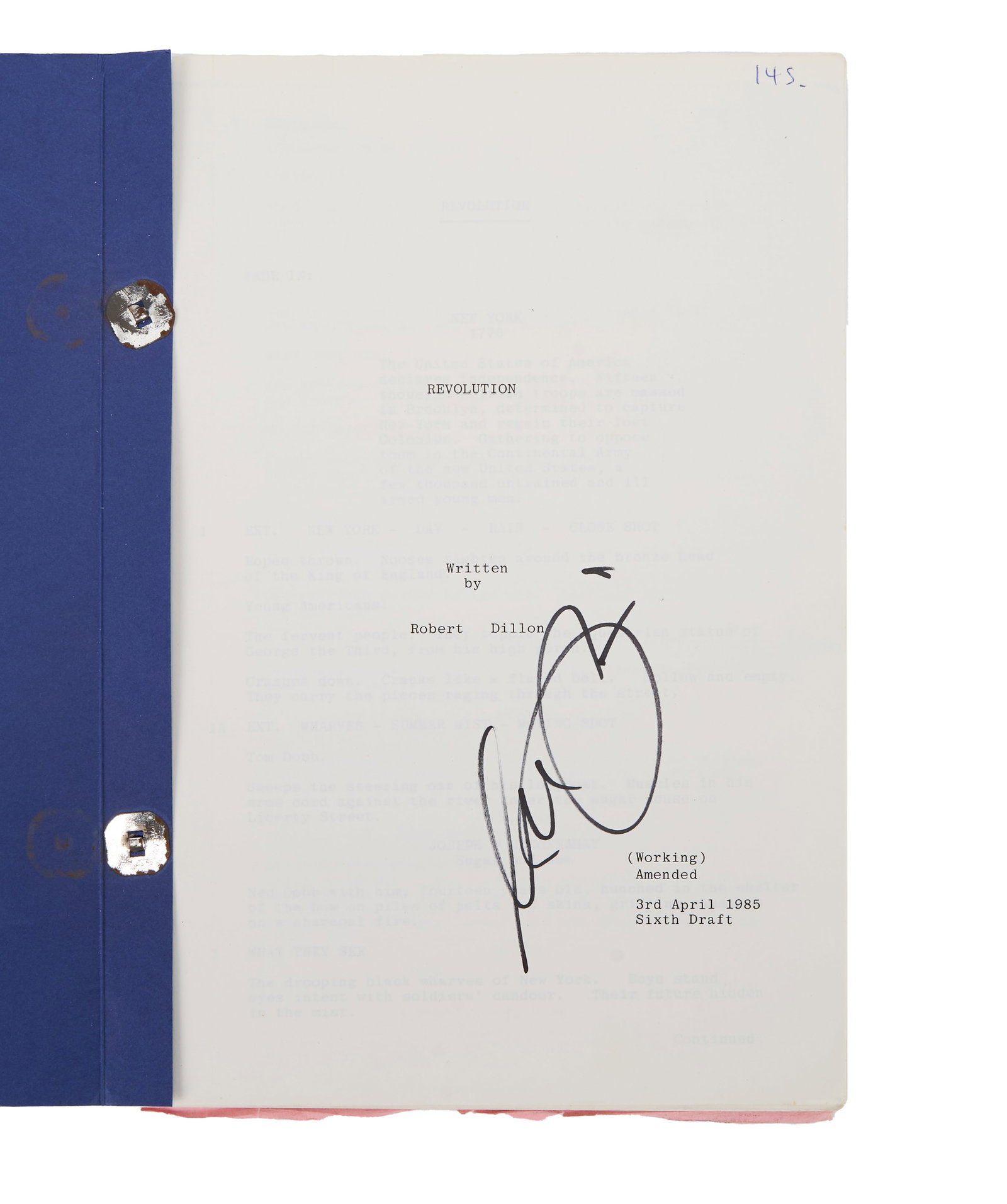 Al Pacino | Signed Revolution Screenplay: An original production script for Revolution (Warner Bros., 1985), signed by Al Pacino, who starred in the film as frontiersman Tom Dobb. The script is housed in blue paper script wrappers, fastened w