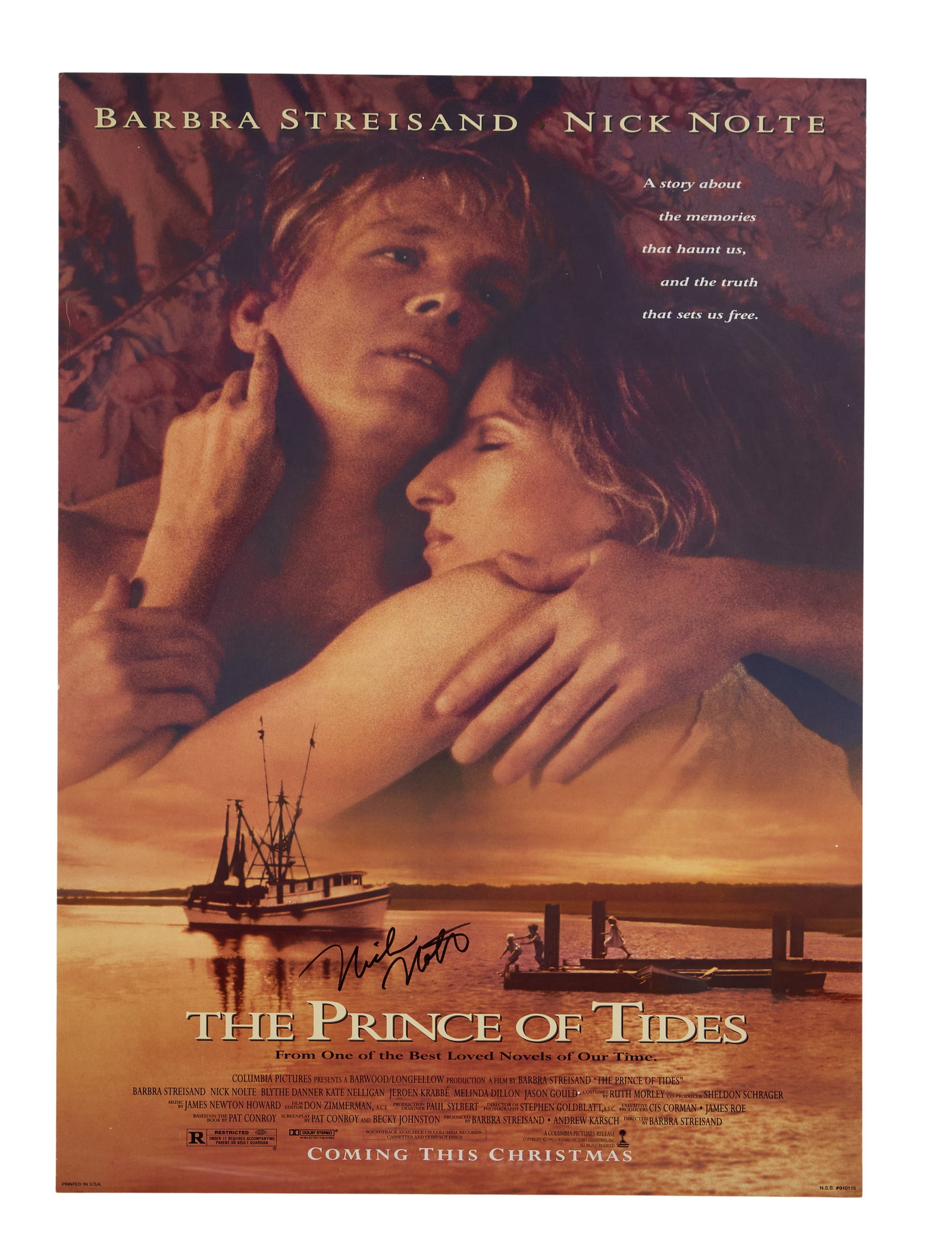 The Prince of Tides | Nick Nolte Signed Movie Poster: Columbia Pictures, 1991. One-sheet poster, 27 x 40 inches. Some minor wear on the edges. Signed by Nick Nolte (Tom Wingo) in black pen. Rolled. The Prince of Tides (Columbia Pictures, 1991) was the