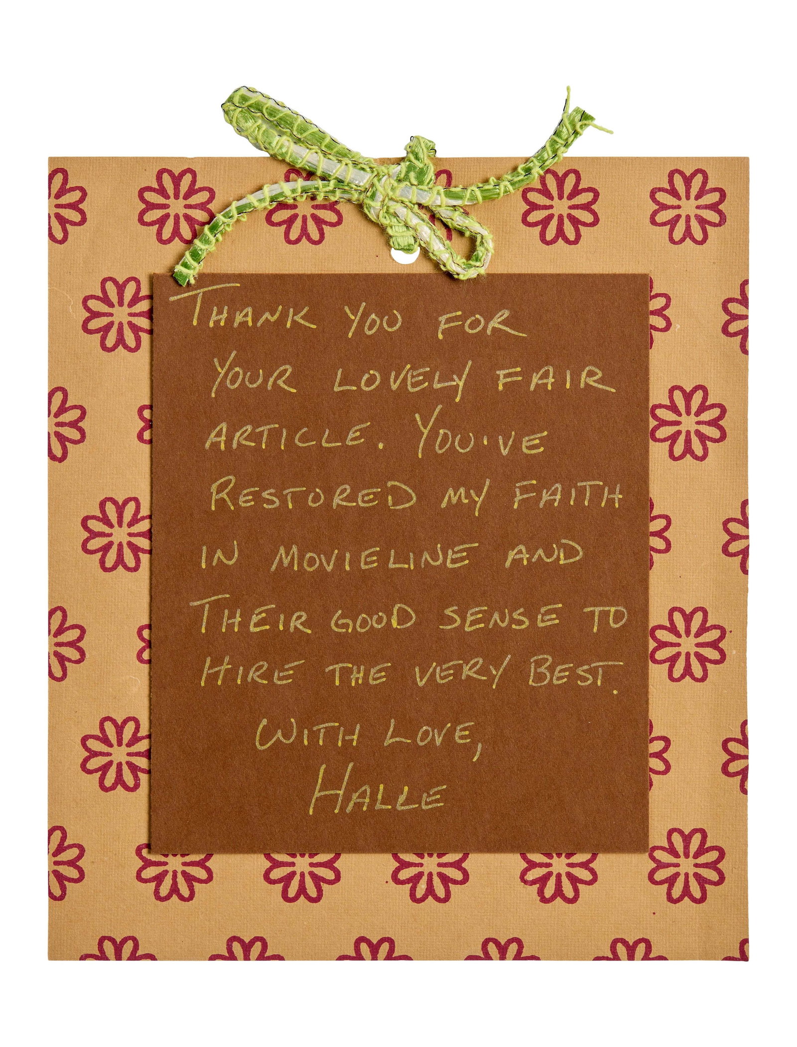 Halle Berry | Handwritten Note to Lawrence Grobel: A handwritten note from Actress Halle Berry to journalist Larry Grobel, following an interview between the two for Movieline Magazine. On handmade stationery, Berry wrote, "Thank you for your lovely