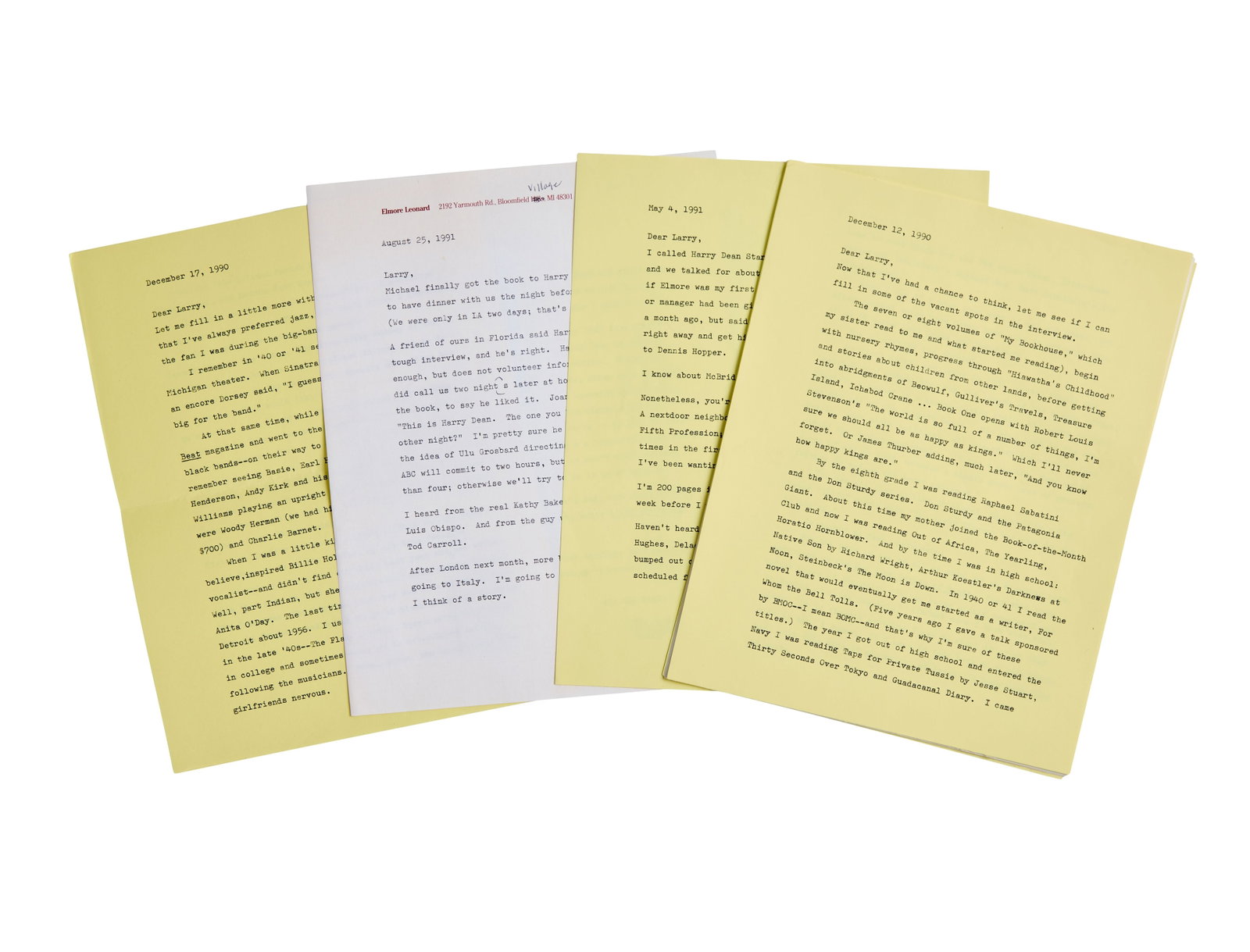 Elmore Leonard | Four Letters To Lawrence Grobel, Signed "Dutch" (1 of 3)
